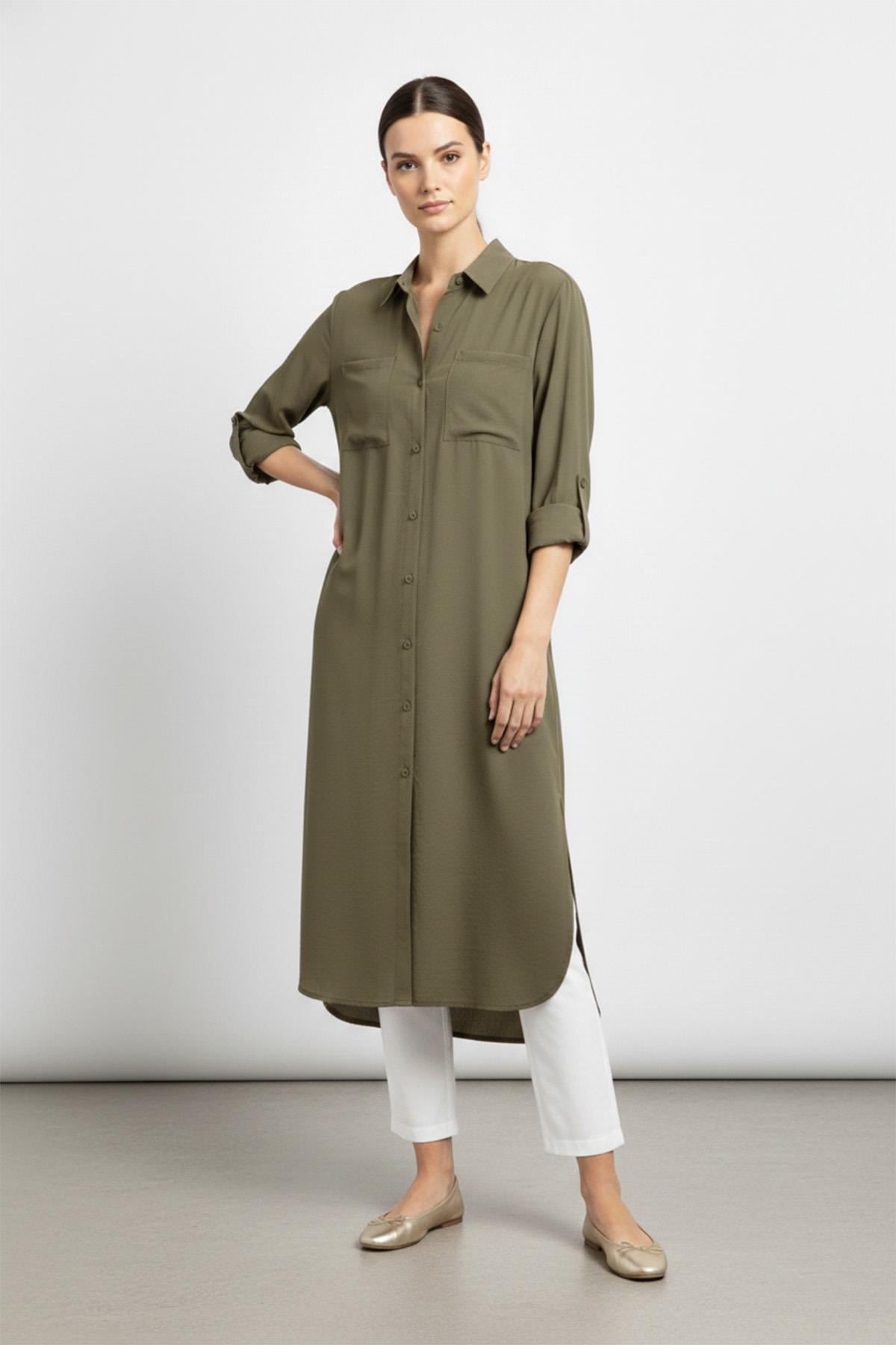 Kadın Uzun Düğmeli Cepli Oversize Gömlek -10764 - KHAKI