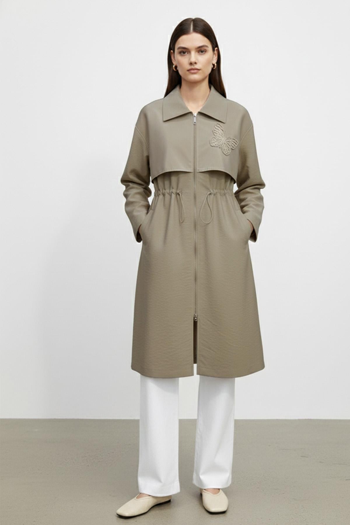 Kadın Fermuarlı Bel Büzgülü Uzun kap-15257 - MINK