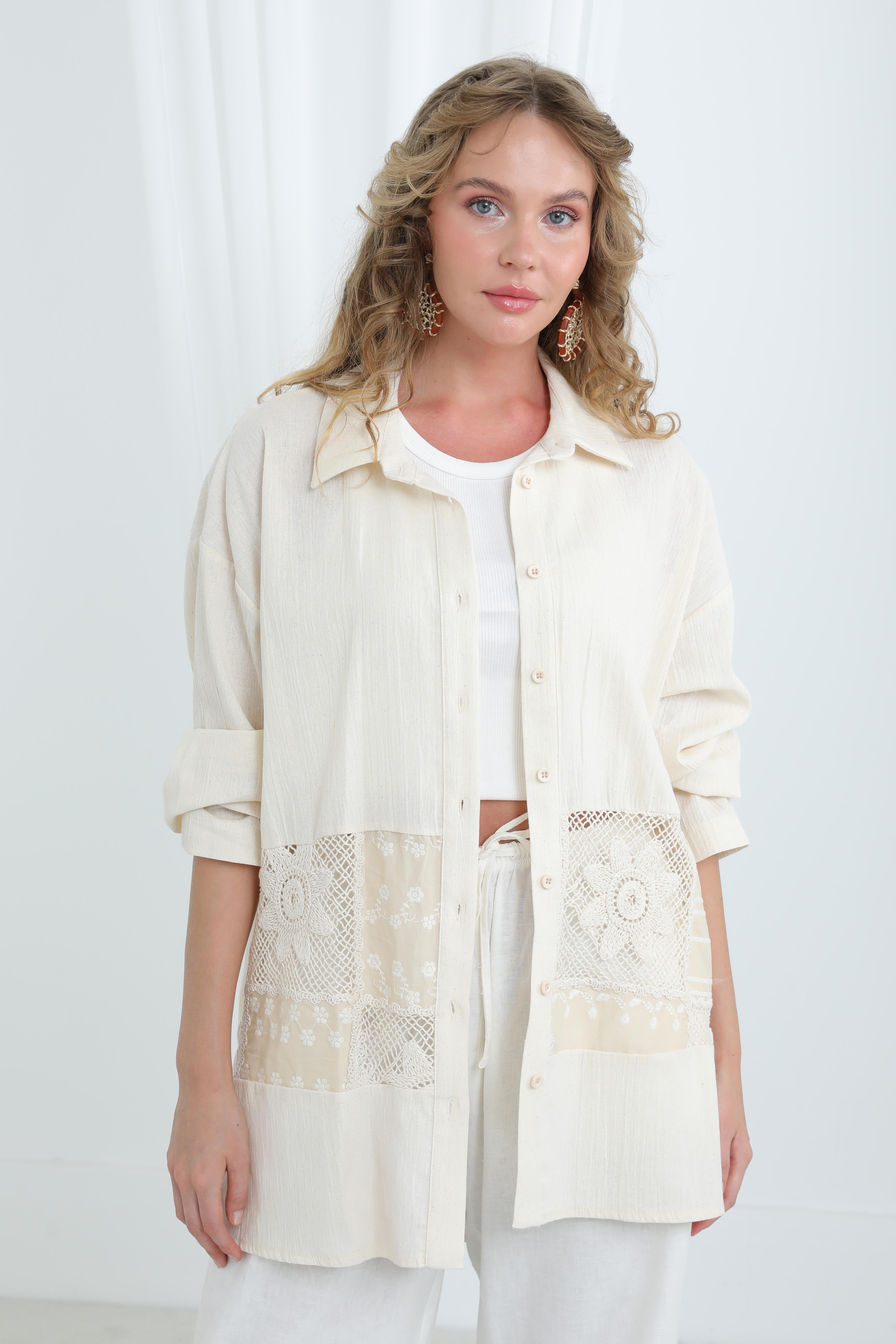 Kadın Dantel Geçişli Gömlek -32325GML - BEIGE