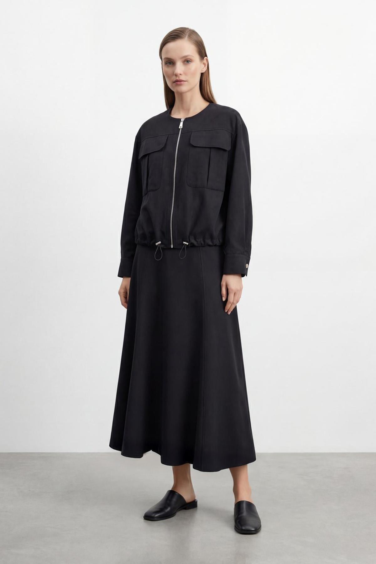 Fermuarlı Cep Detaylı Ceket ve Uzun Etek Kadın Takım-14430 - BLACK