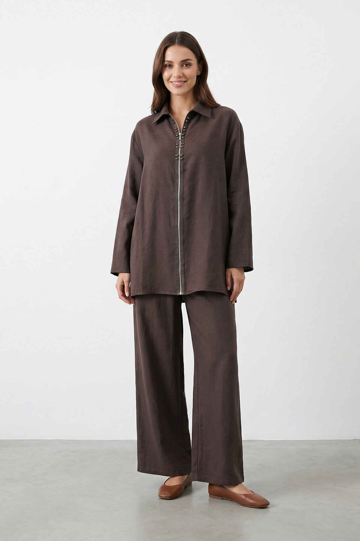 Kadın Gömlek Yaka Fermuarlı Tunik Pantolon Takım – 14446TKS - BROWN