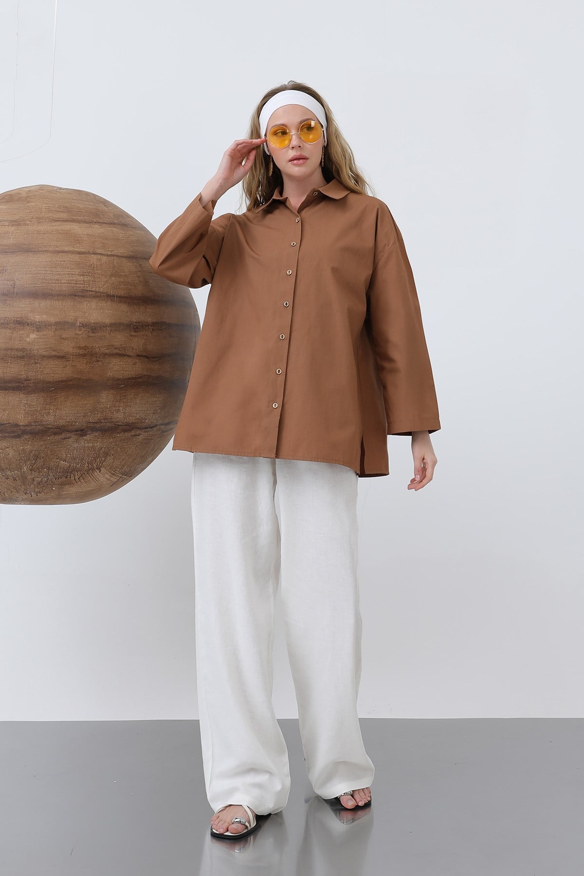 Kadın Kol Detaylı Basic Gömlek - 20655GML - BROWN