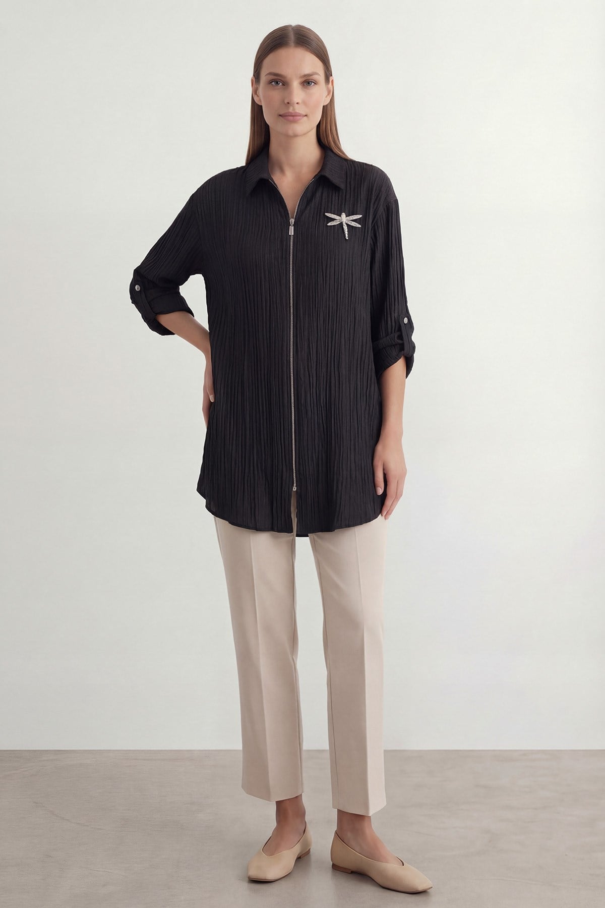 Kadın Pile Detaylı fermuarlı Tunik– 10775GML - BLACK