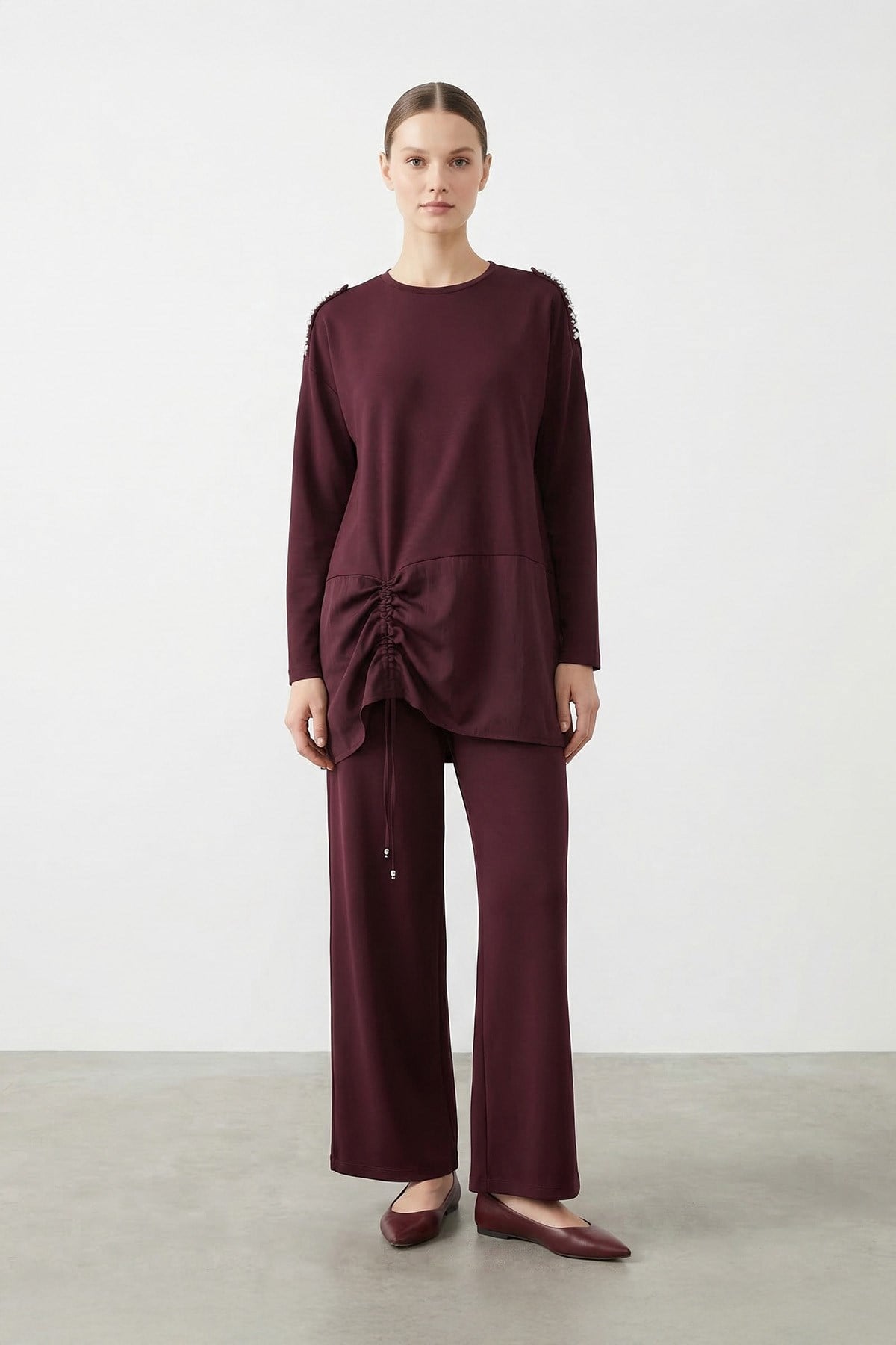 Kadın Bisiklet Yaka Yanı Büzgülü Viskon Tunik Pantolon Takım – 19250TKS - BURGUNDY