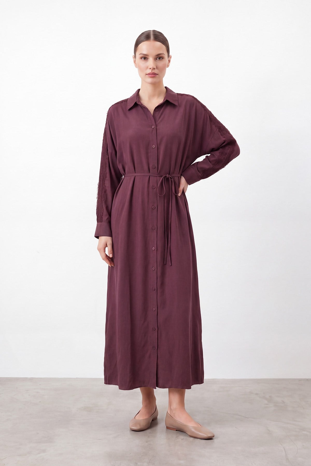 Kadın Gömlek Yaka Dantel Detaylı Uzun Elbise – 12682ELB - BURGUNDY
