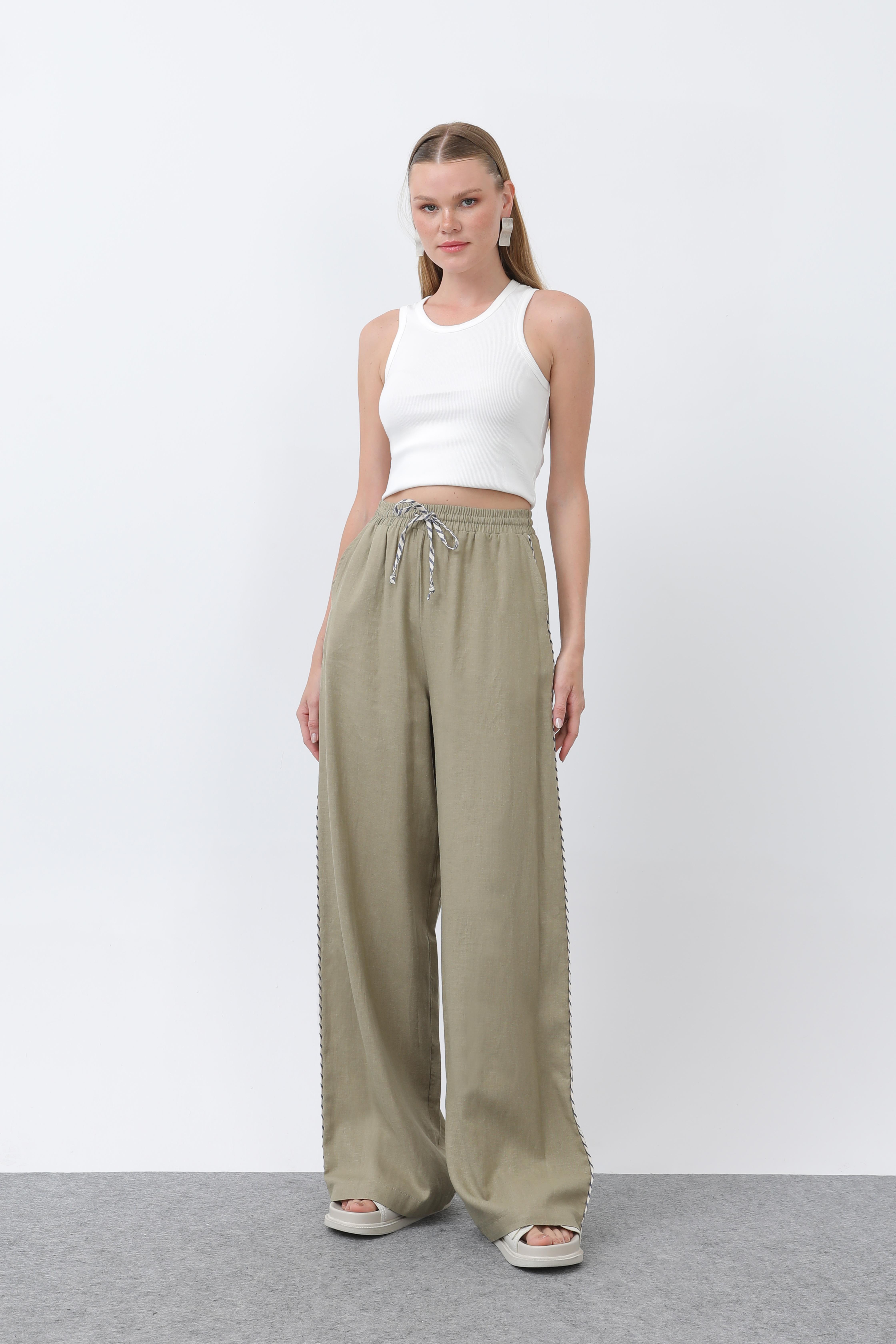 Kadın Yanları Şerit Detaylı Pantolon - KHAKI