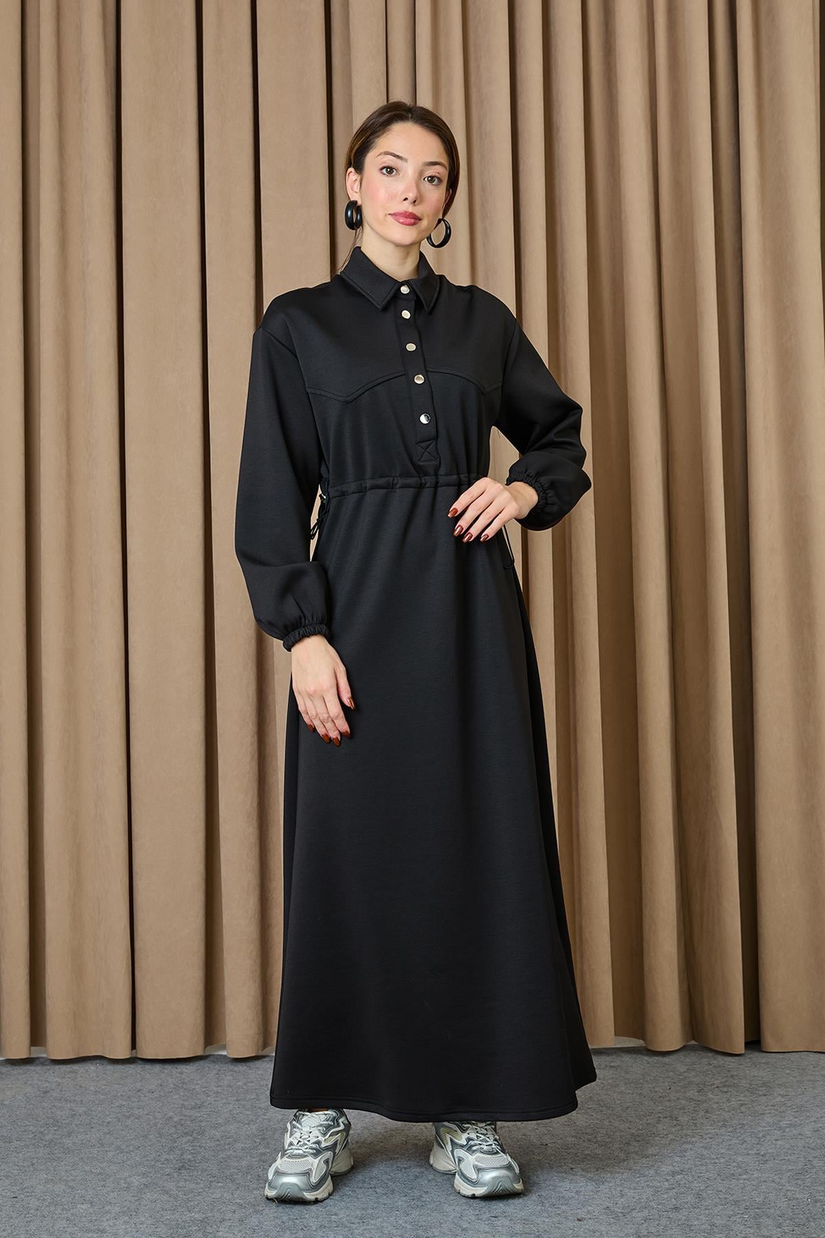 Kadın Beli Tünelli Çıtçıt Detaylı Elbise - 12655ELB - BLACK