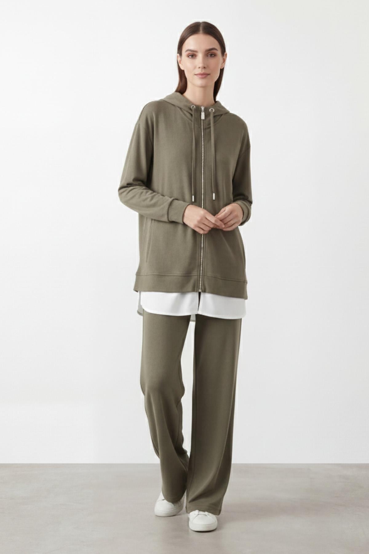 Kadın Kapüşonlu Fermuarlı Tunik Pantolon Takımı-14427 - KHAKI