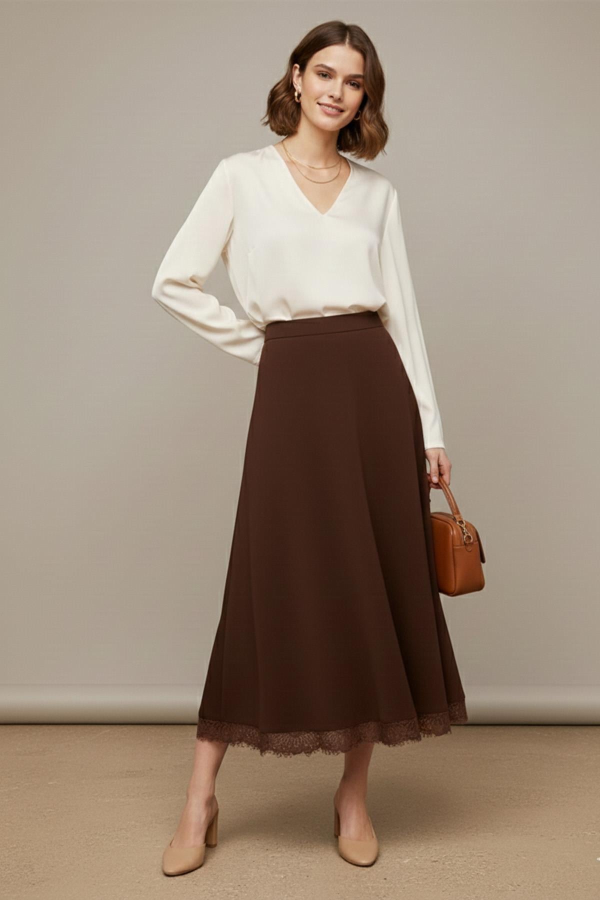 Kadın Etek Ucu Dantelli Açılımlı Uzun Etek – 18288ETK - BROWN