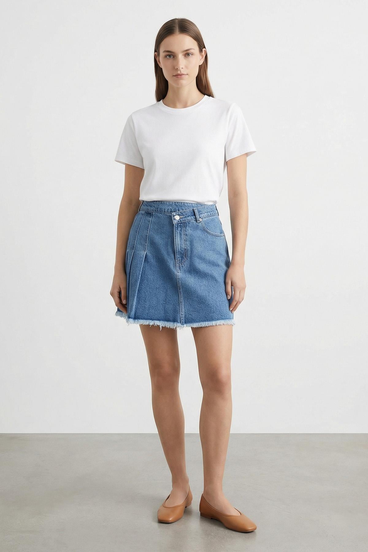 Kadın Yanı Pile Detaylı Kot Etek  - 31655ETK - BLUE