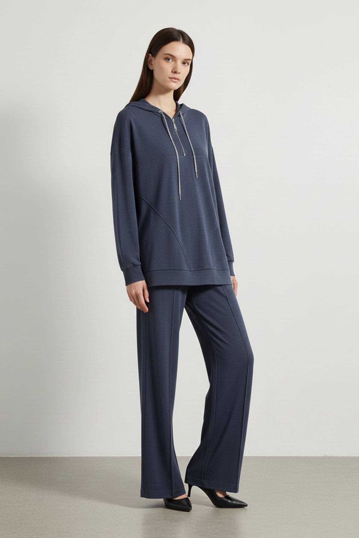 Kadın Rahat Kesim Kapüşonlu Sweatshirt ve Pantolon Takımı-14411 - LIGHT NAVY