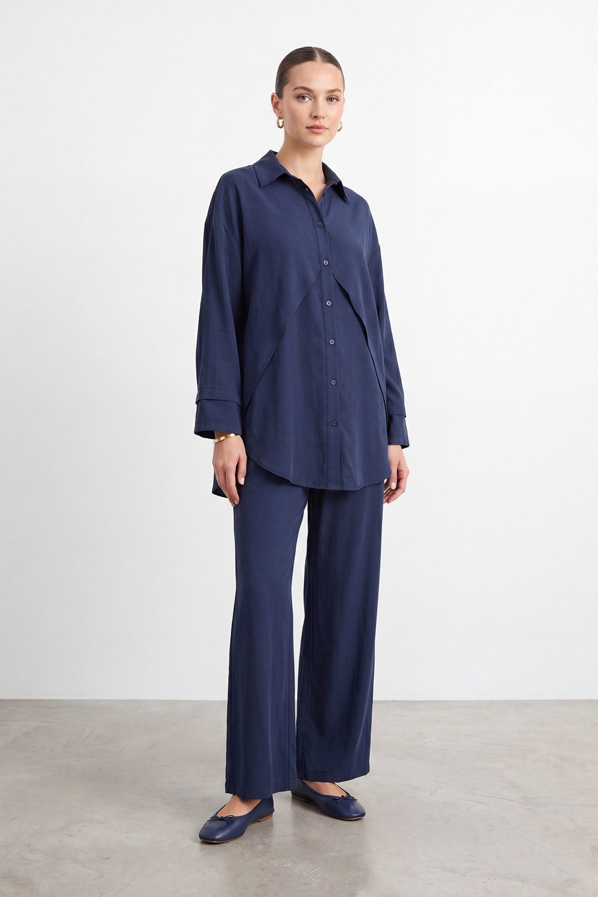 Kadın Asimetrik Kesim Gömlek Pantolon Takım – 26S-14471TKS - NAVY