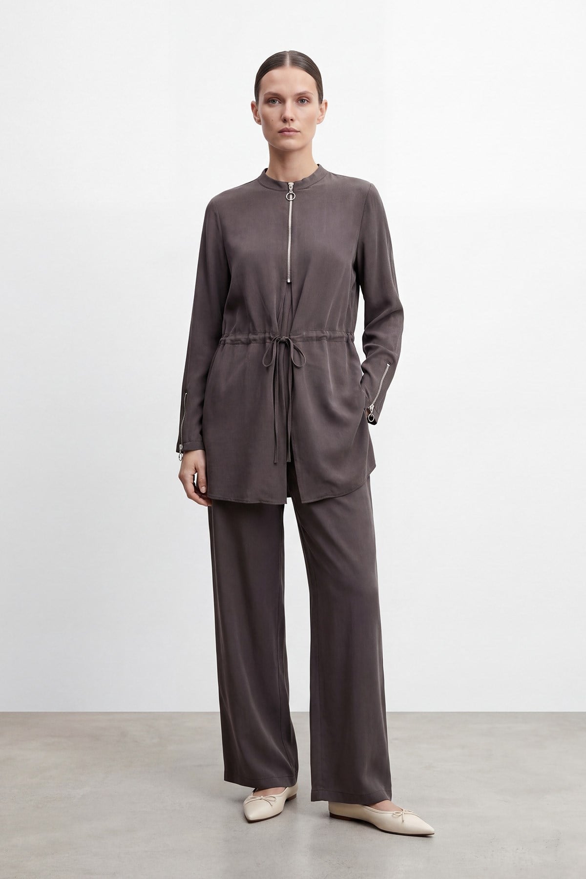 Kadın Fermuar Detaylı Beli Bağlamalı Takım – 14481TKS - DARK BROWN