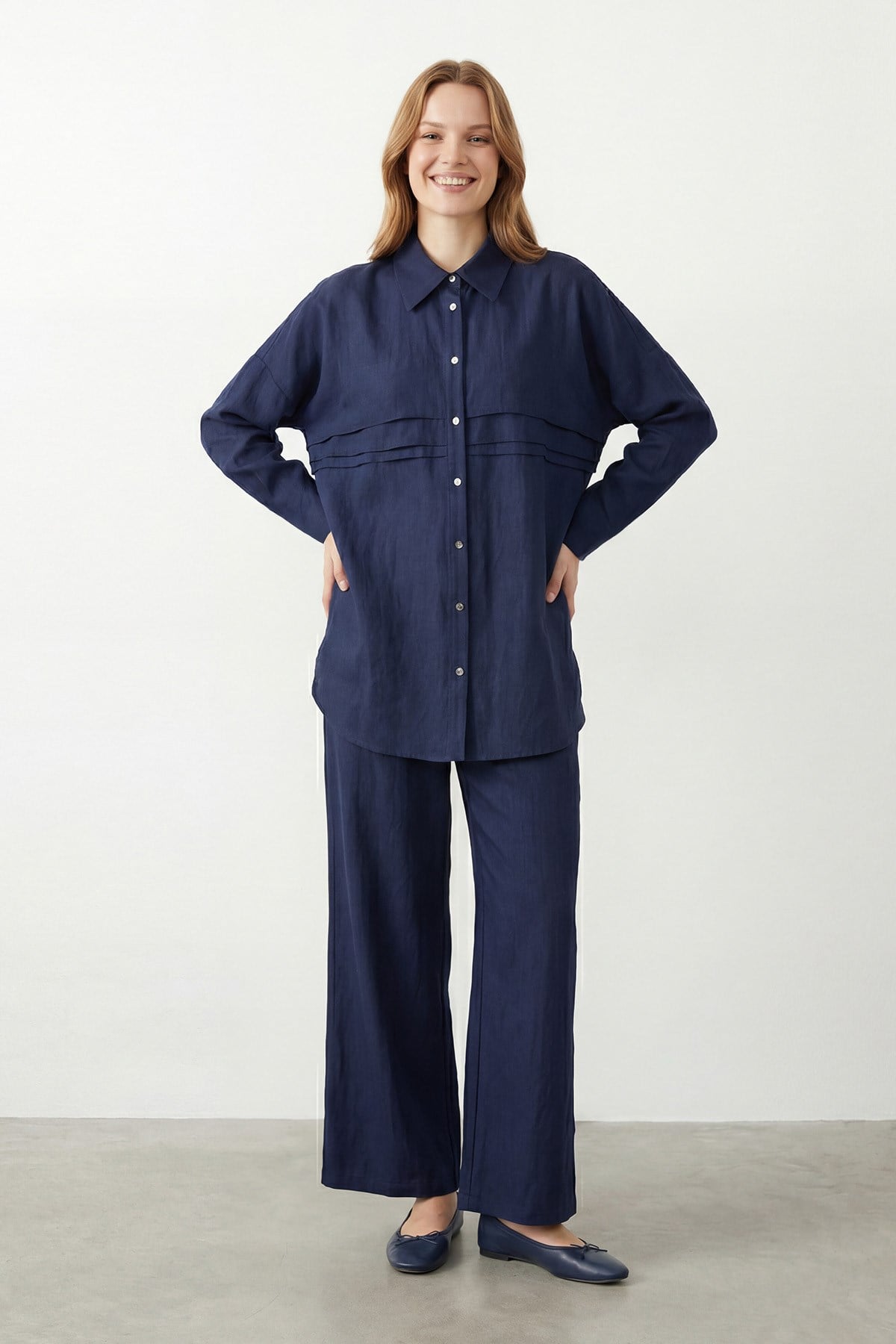 Kadın Gömlek Yaka Kat Detaylı Tunik Pantolon Takım -14466TKS - NAVY
