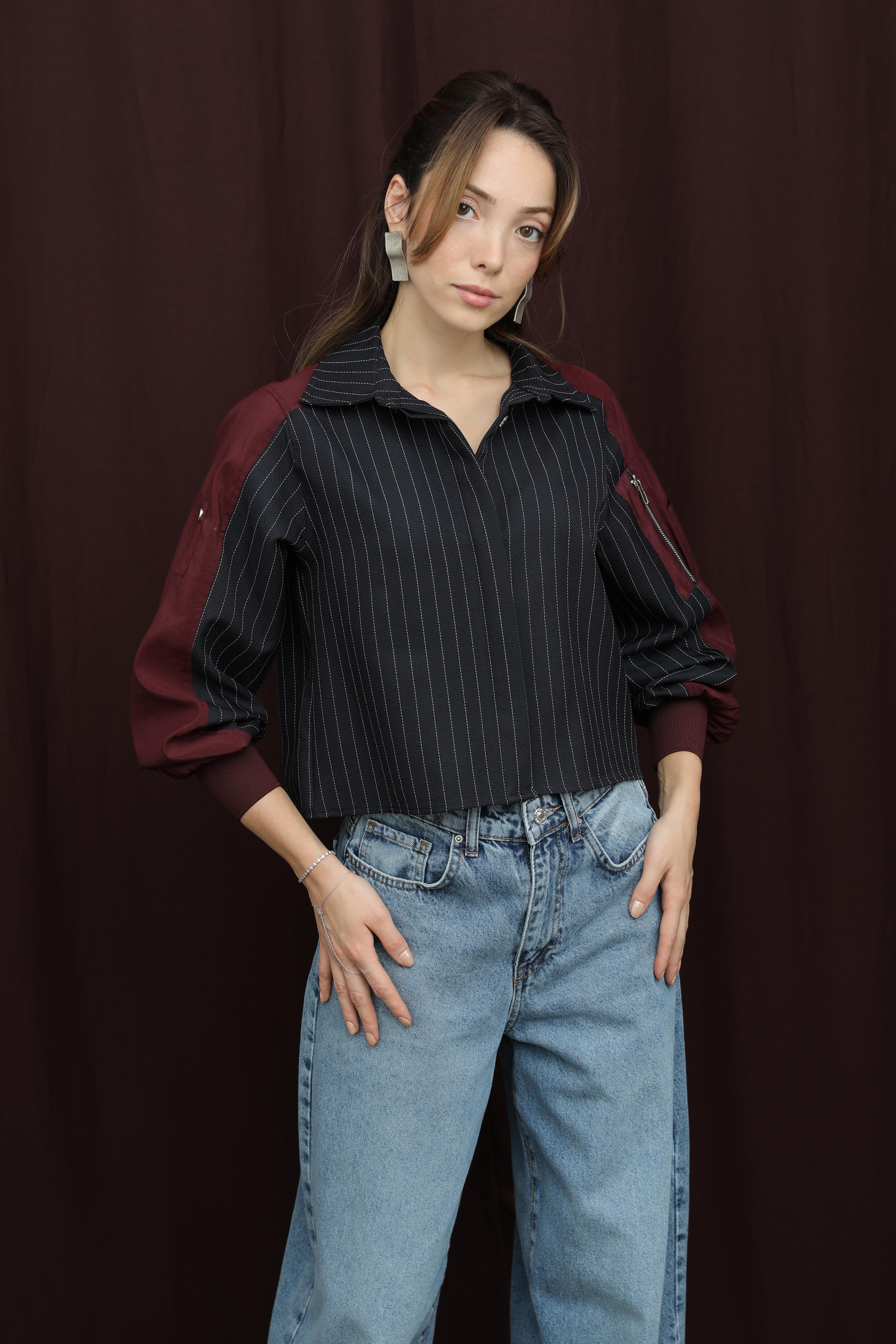 Kadın Paraşüt Kol Detaylı Crop Gömlek  -  32398GML - NAVY-BURGUNDY
