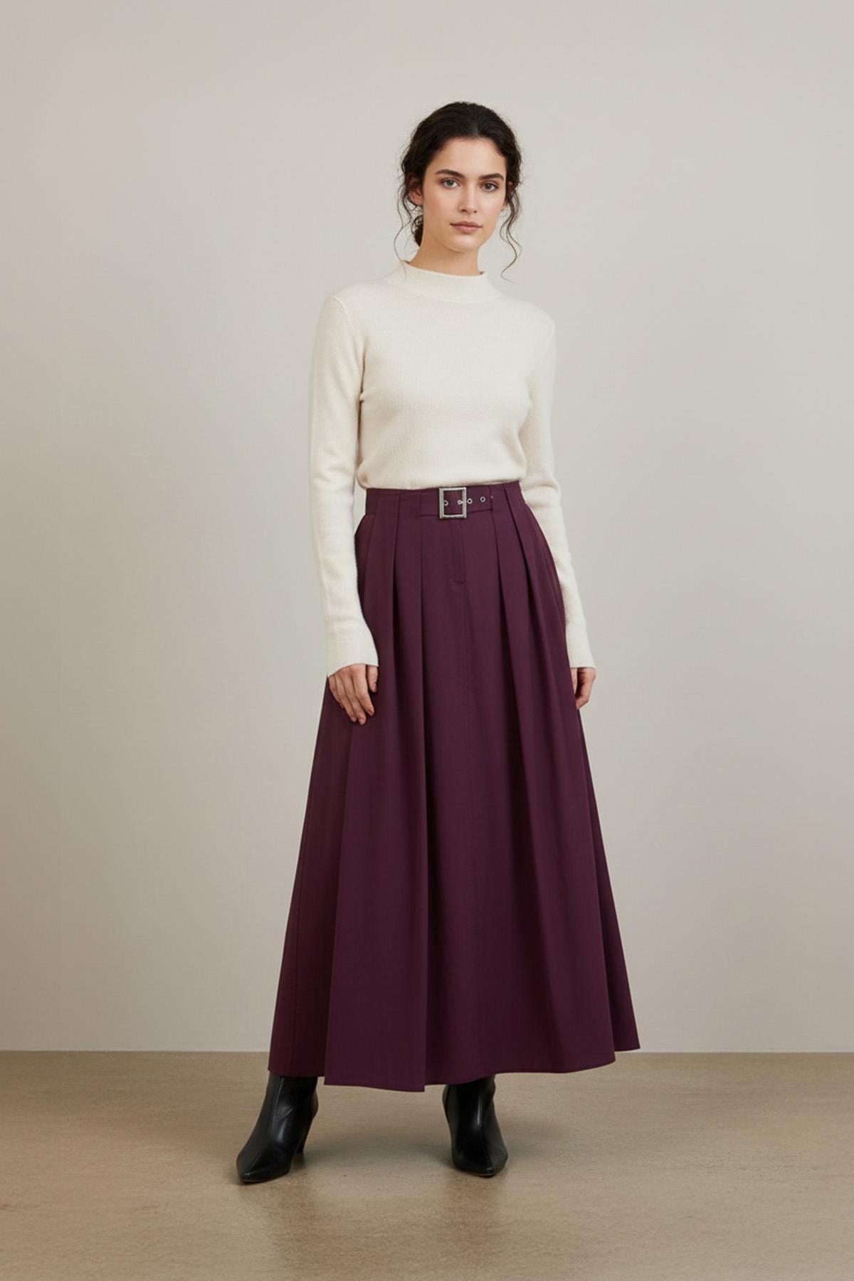 Kadın Pileli Kemerli Etek - 20702ETK - BURGUNDY