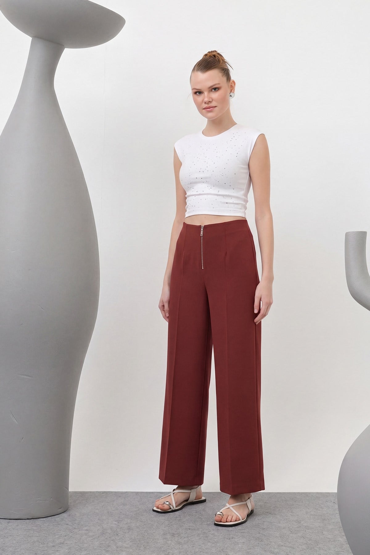 Kadın Fermuar Detaylı Pensli Pantolon- 18228PNT - BURGUNDY