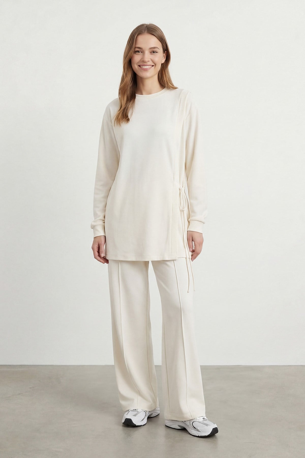Kadın Yan Bağlama Detaylı Bisiklet Yaka Tunik Pantolon Takım – 14479TKS - ECRU