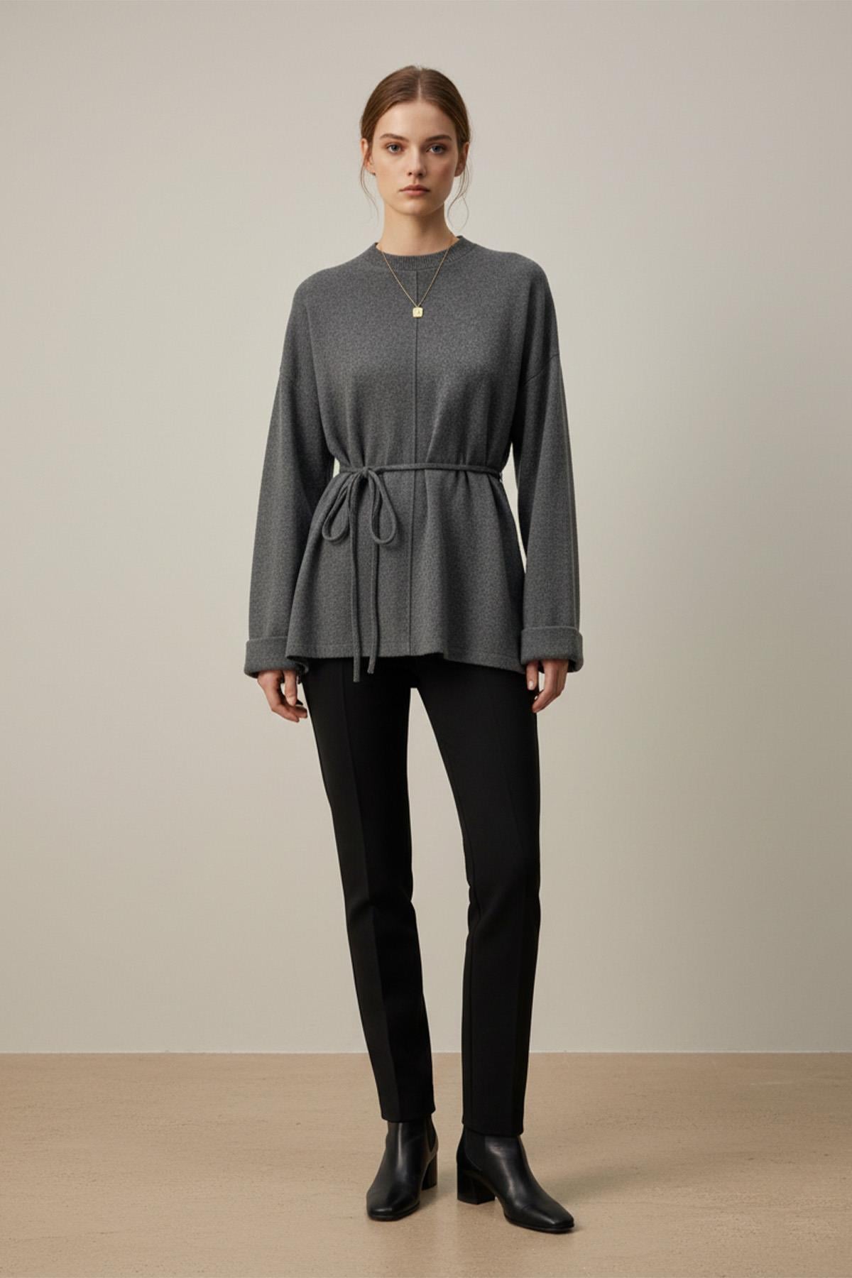Kadın Kuşaklı Minimal Örme Tunik – 20725TBLZ - ANTRACITE