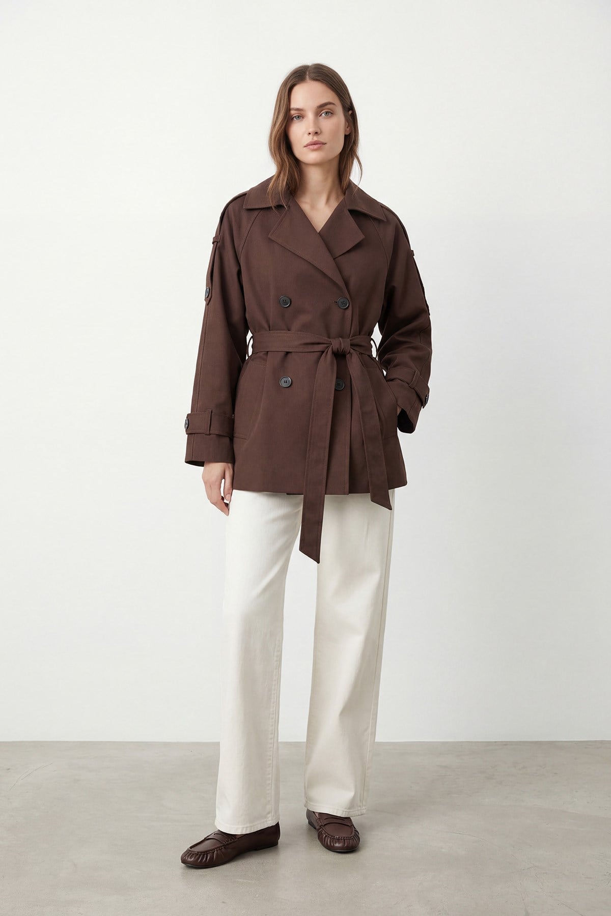 Kadın Kruvaze Yaka Kuşaklı Trençkot  – 32489CKT - BROWN