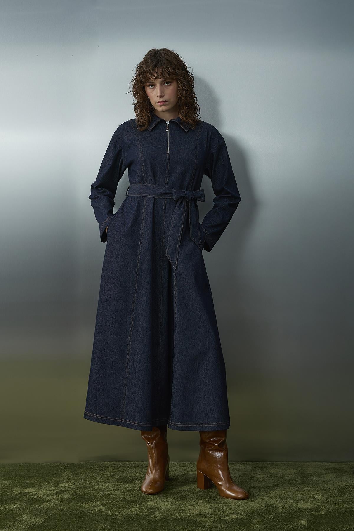 Kadın Kuşaklı Denim Elbise  -  32396ELB - NAVY