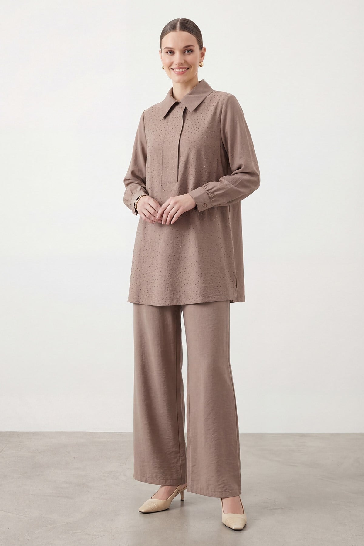 Kadın Yaka Detaylı Bol Paça Takım – 14480TKS - MINK