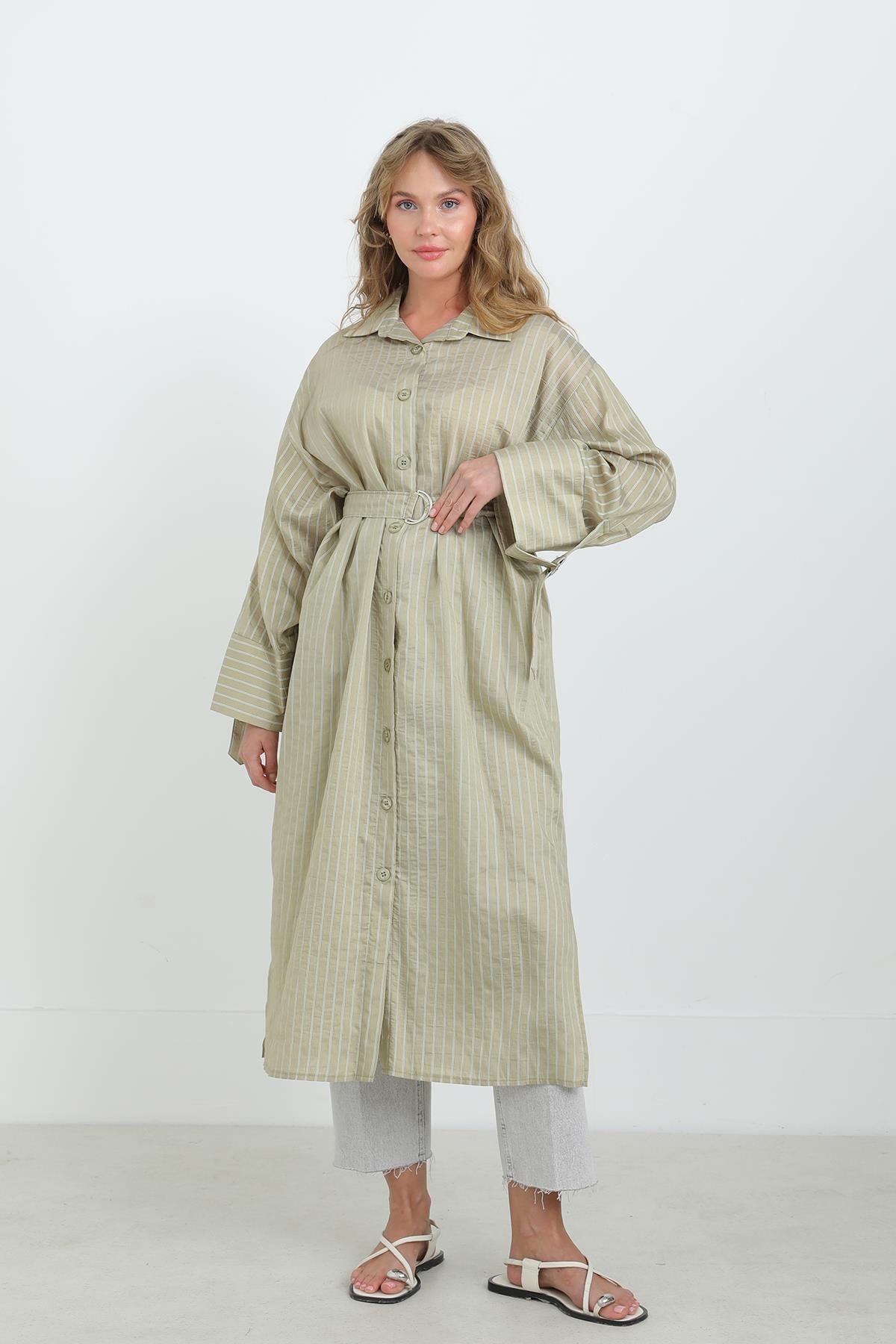 Kadın Kuşaklı Çizgili Tunik Gömlek-10701TUN - ALMOND GREEN