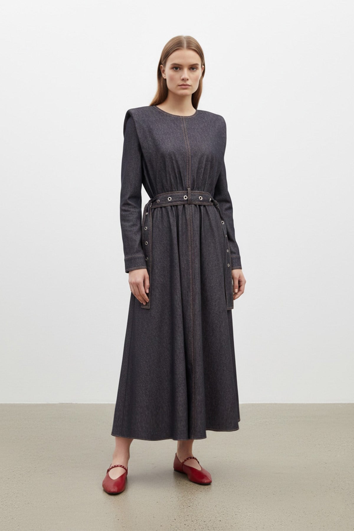 Kadın Vatkalı Kuşaklı Denim Görünümlü Elbise - 32476ELB - NAVY