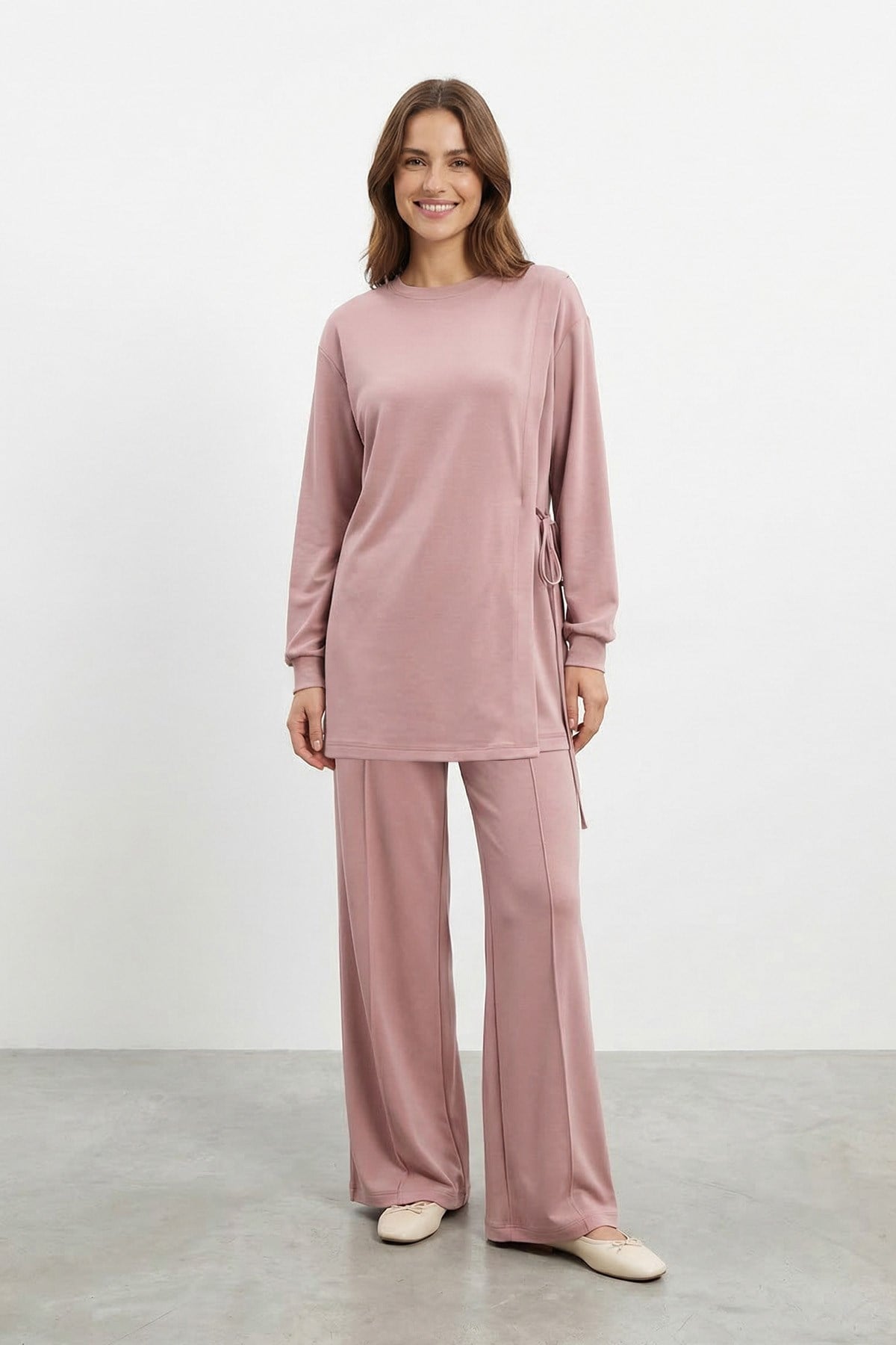 Kadın Yan Bağlama Detaylı Bisiklet Yaka Tunik Pantolon Takım – 14479TKS - ROSE