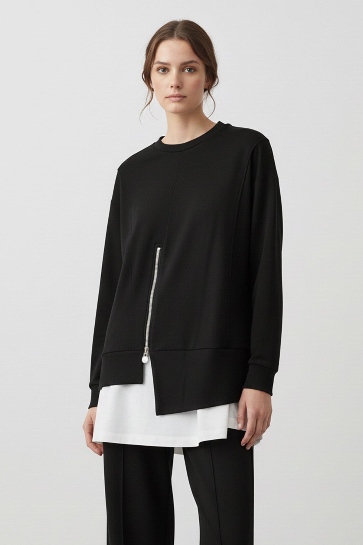 Kadın Fermuar Detaylı Tunik Pantolon Takımı-14438TKS - BLACK