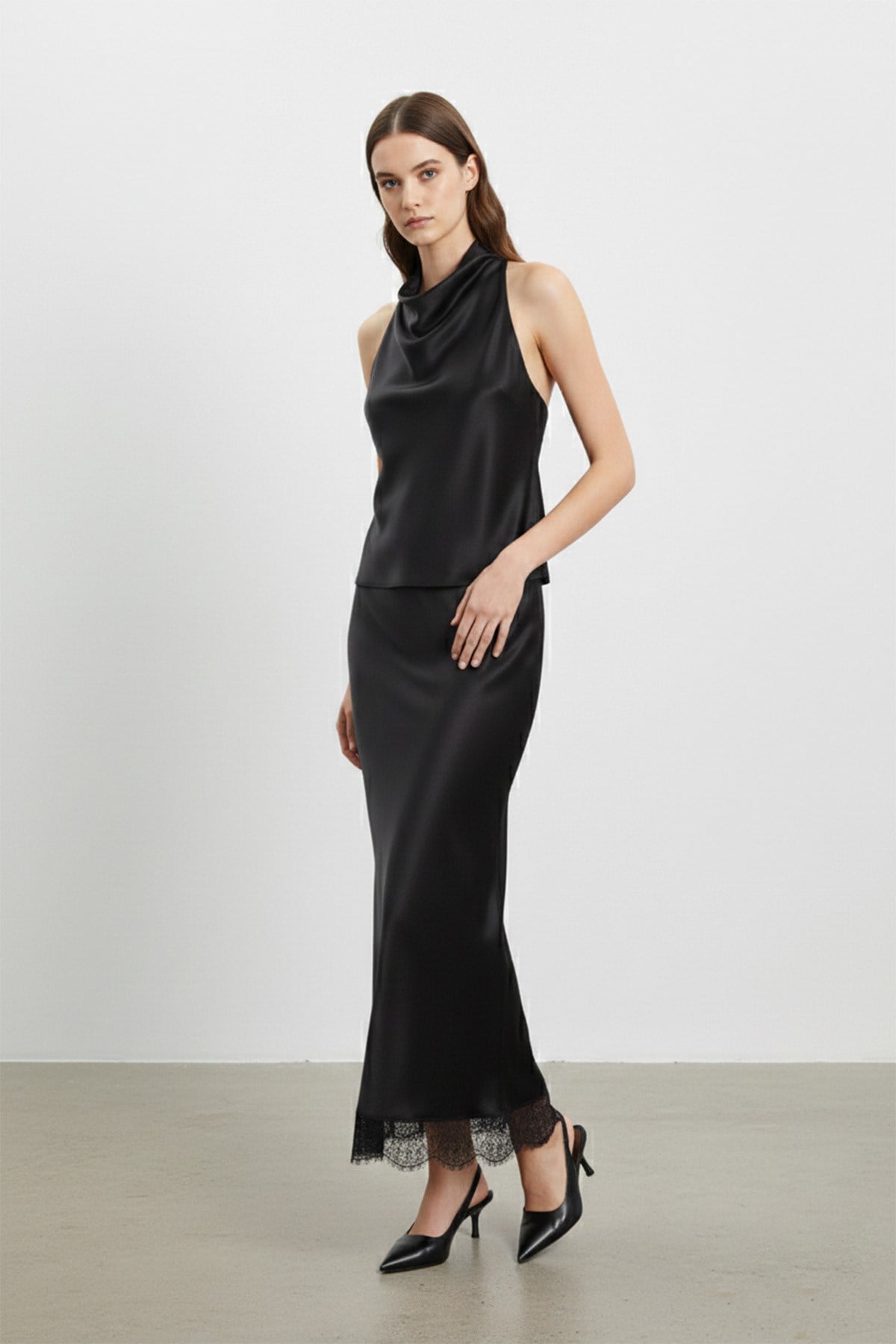 Saten Dantel Detaylı Uzun Etek-20729 - BLACK