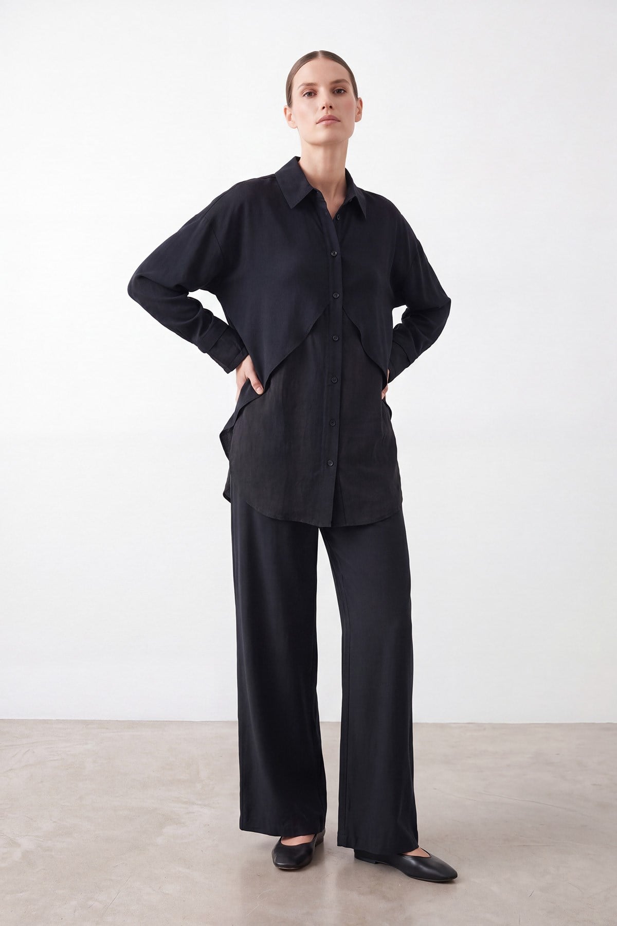 Kadın Asimetrik Kesim Gömlek Pantolon Takım – 26S-14471TKS - BLACK