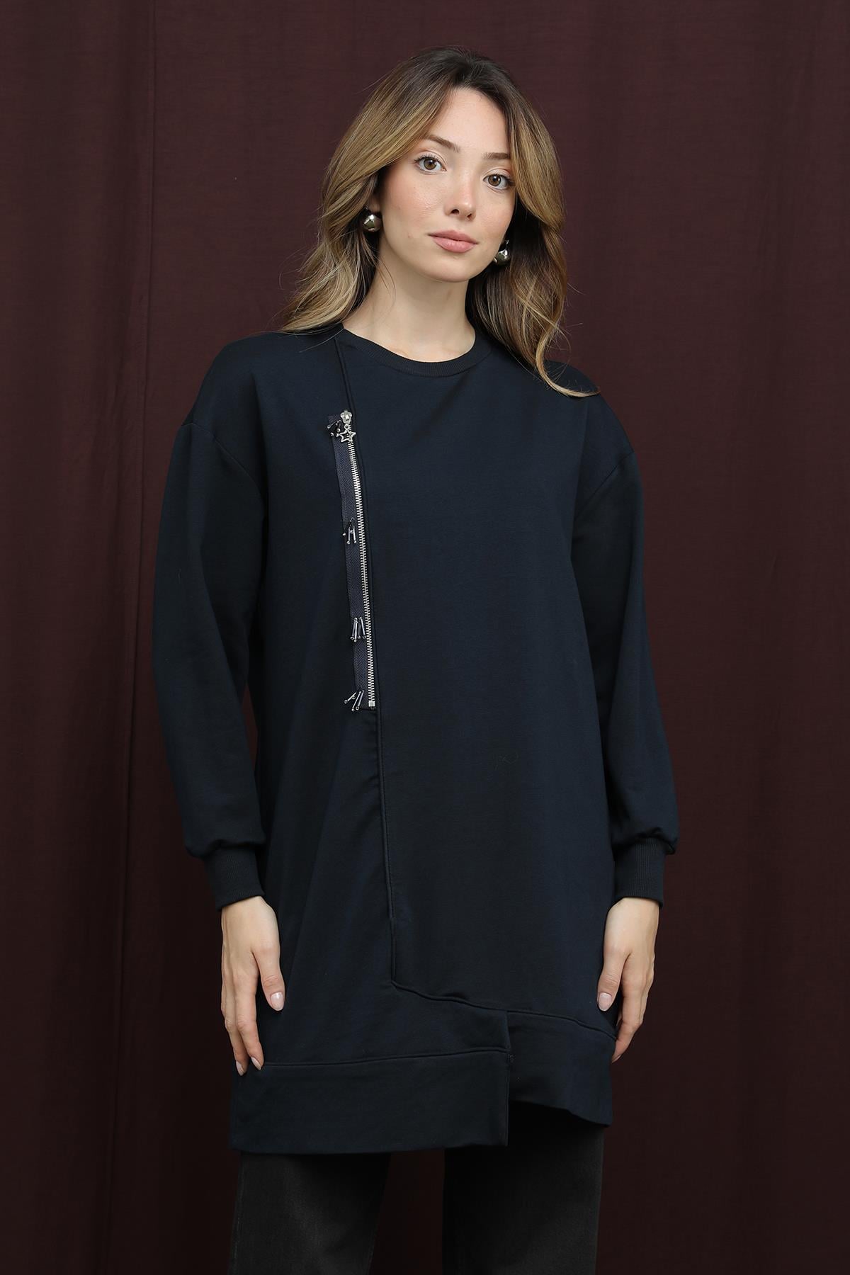 Kadın İşlemeli ve Fermuarlı Tunik - 10735TUN - NAVY