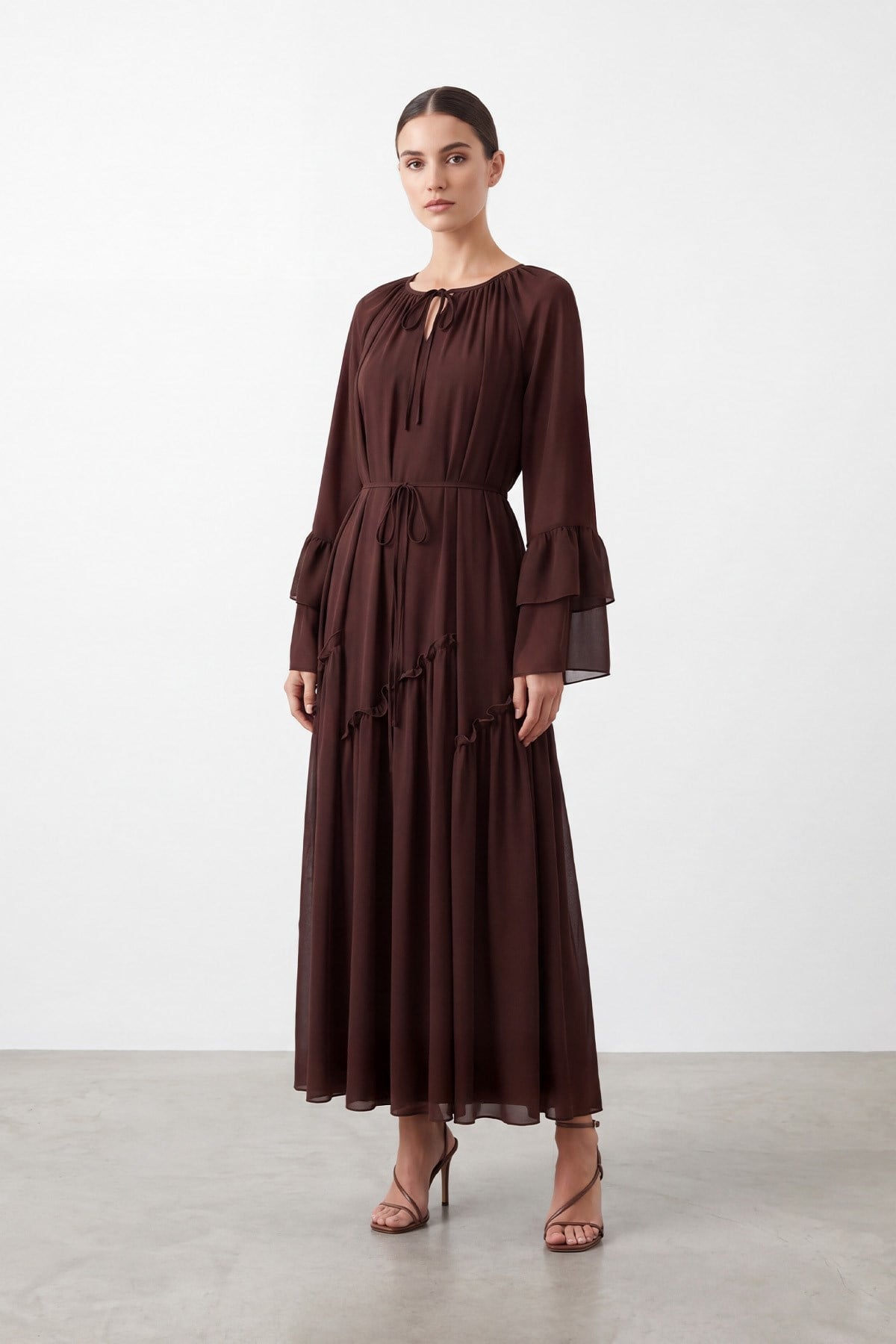 Kadın Bağcık Detaylı Volan Kol Uzun Elbise – 26S-12694ELB - BROWN
