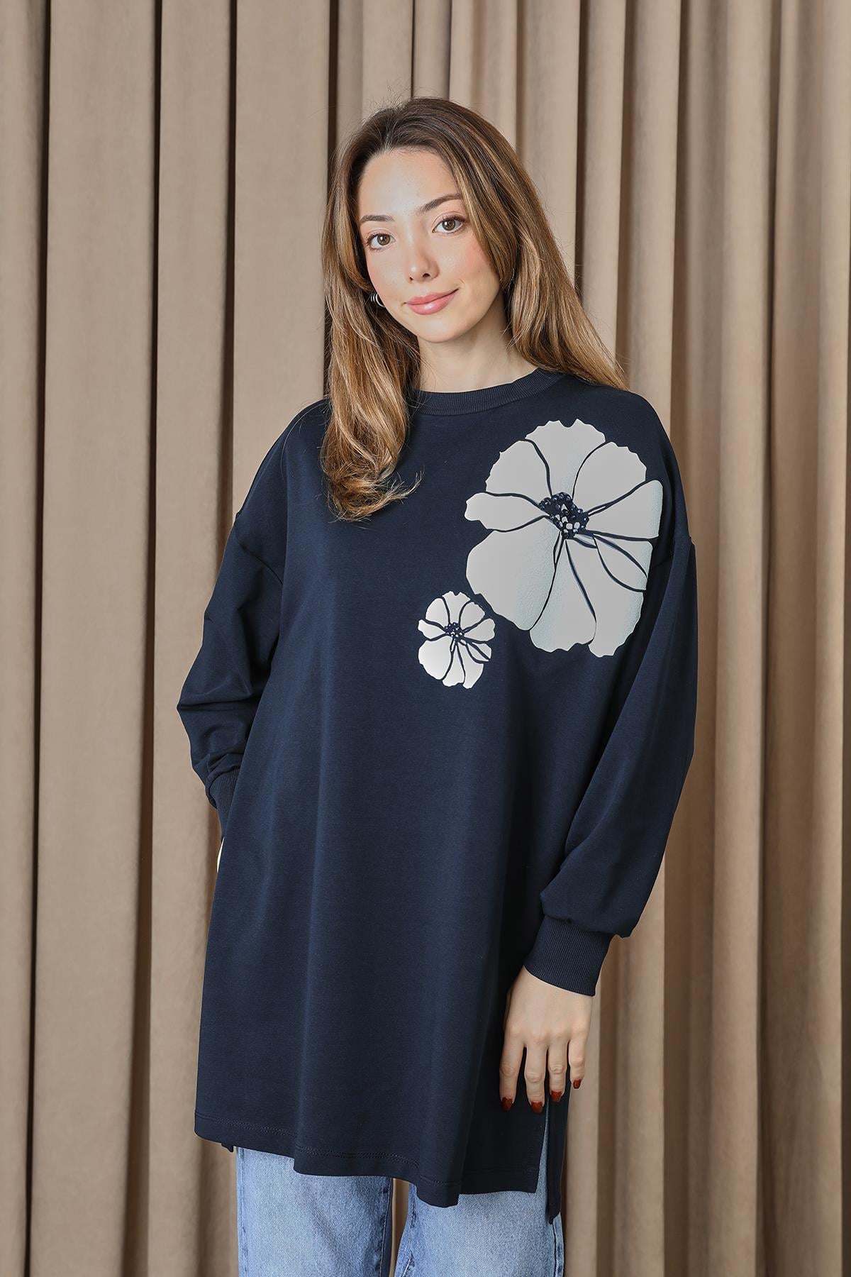 Kadın Omzu Çiçek Baskılı Tunik - 10743TUN - NAVY