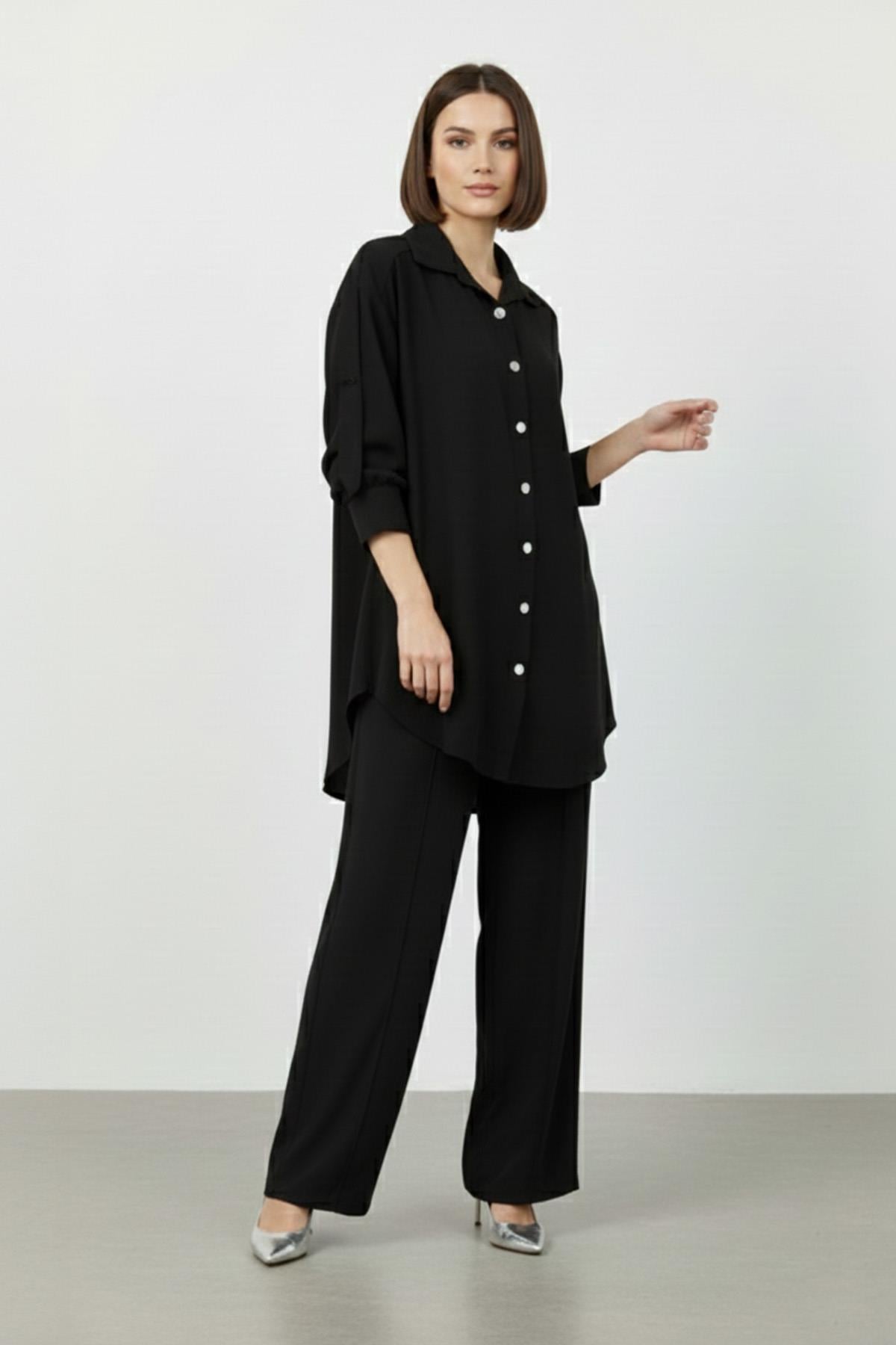 Kadın Düşük Omuz Gömlekli Takım-14413TKS - BLACK