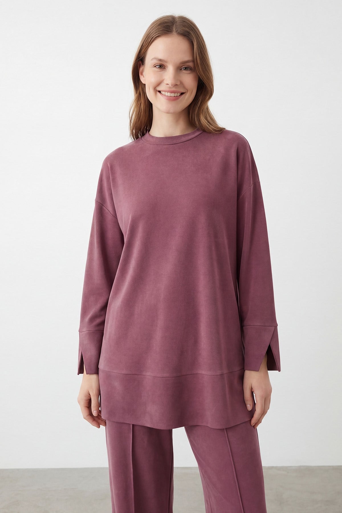 Kadın Rahat Kesim Tunik Pantolon Takım-14457TKS - BURGUNDY