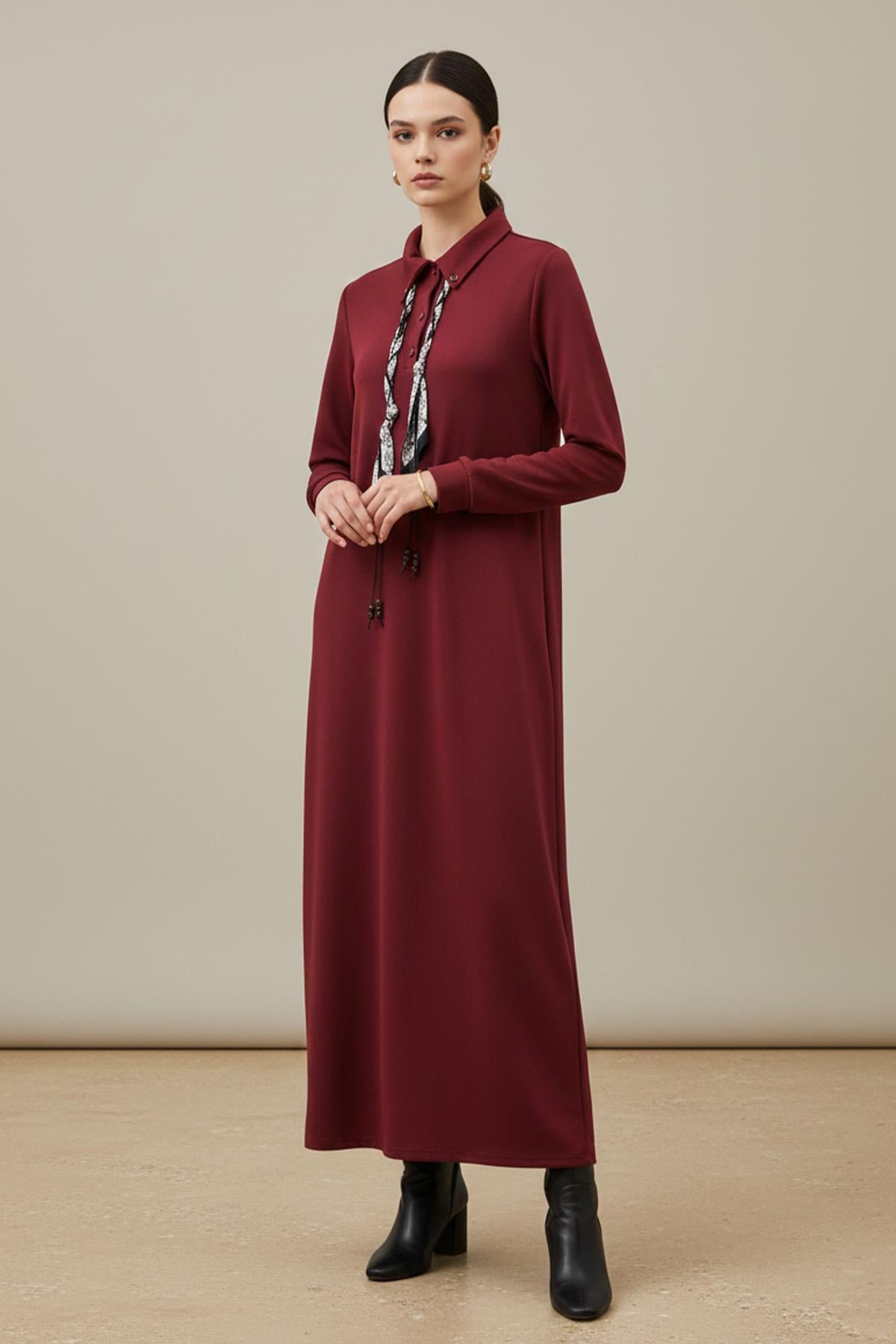 Kadın Fular Detaylı Polo Yaka Rahat Kesim  Elbise – 12669ELB - BURGUNDY
