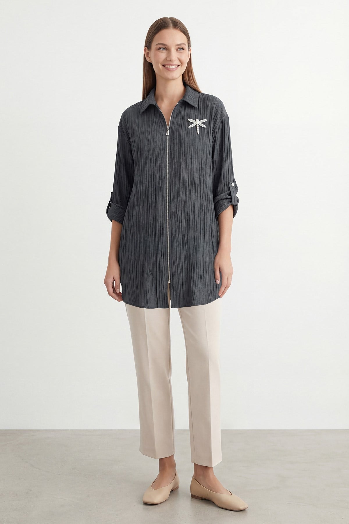 Kadın Pile Detaylı fermuarlı Tunik– 10775GML - ANTRACITE