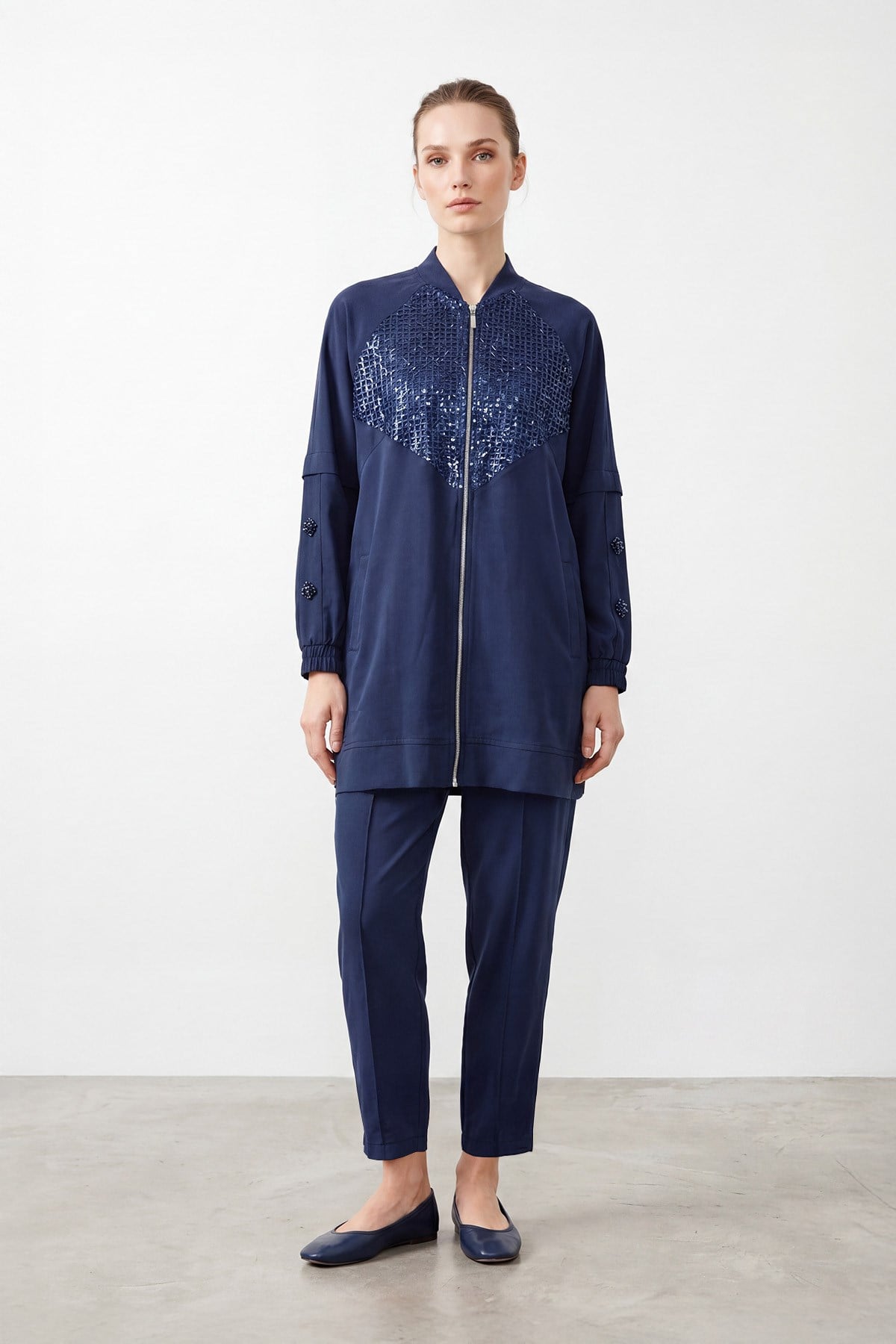 Kadın Pul Payet Detaylı Fermuarlı Tunik Pantolon Takım – 26S-14462TKS - NAVY