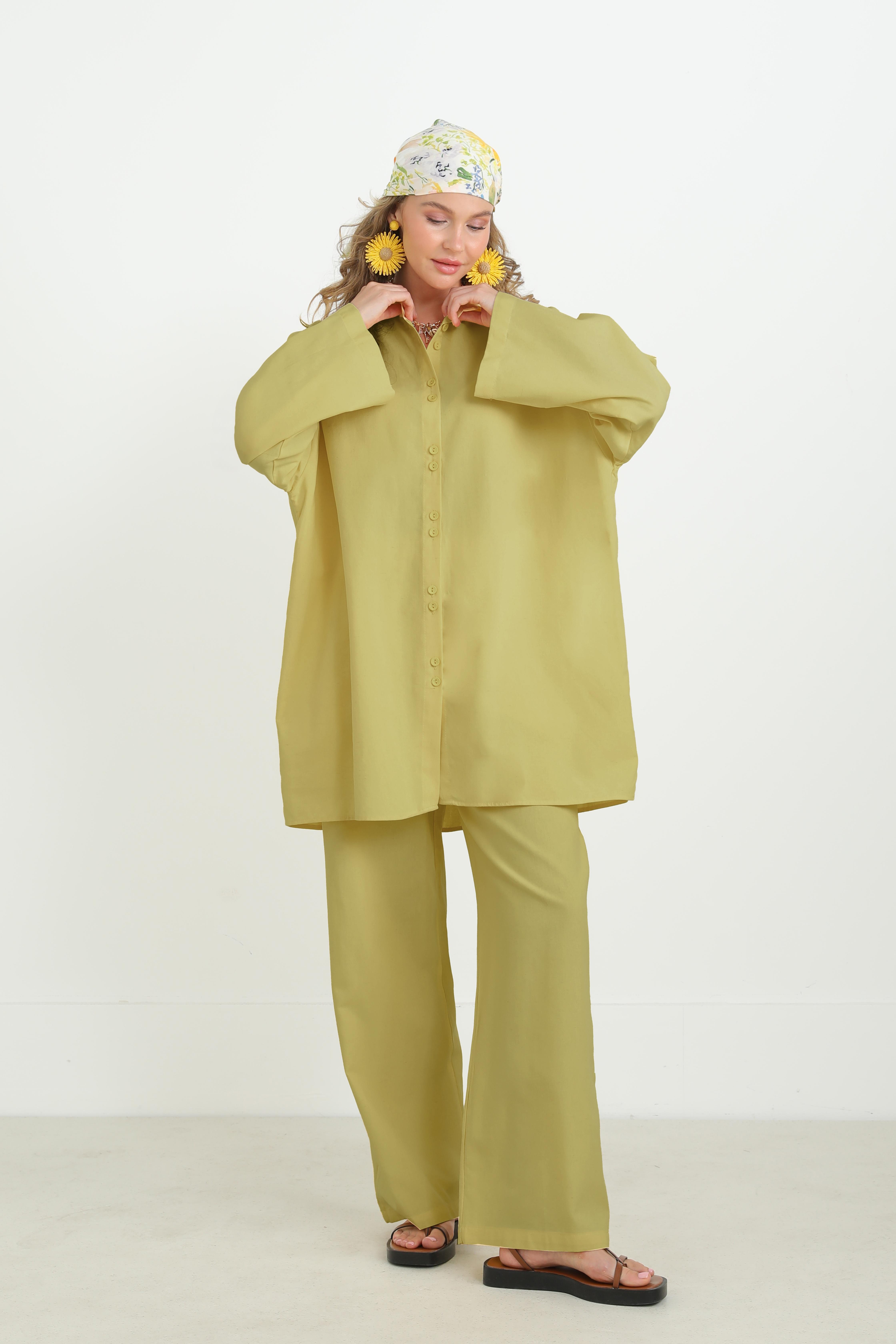 Kadın Düğme Detaylı Oversize Gömlekli Takım-20694TKS - OLIVE