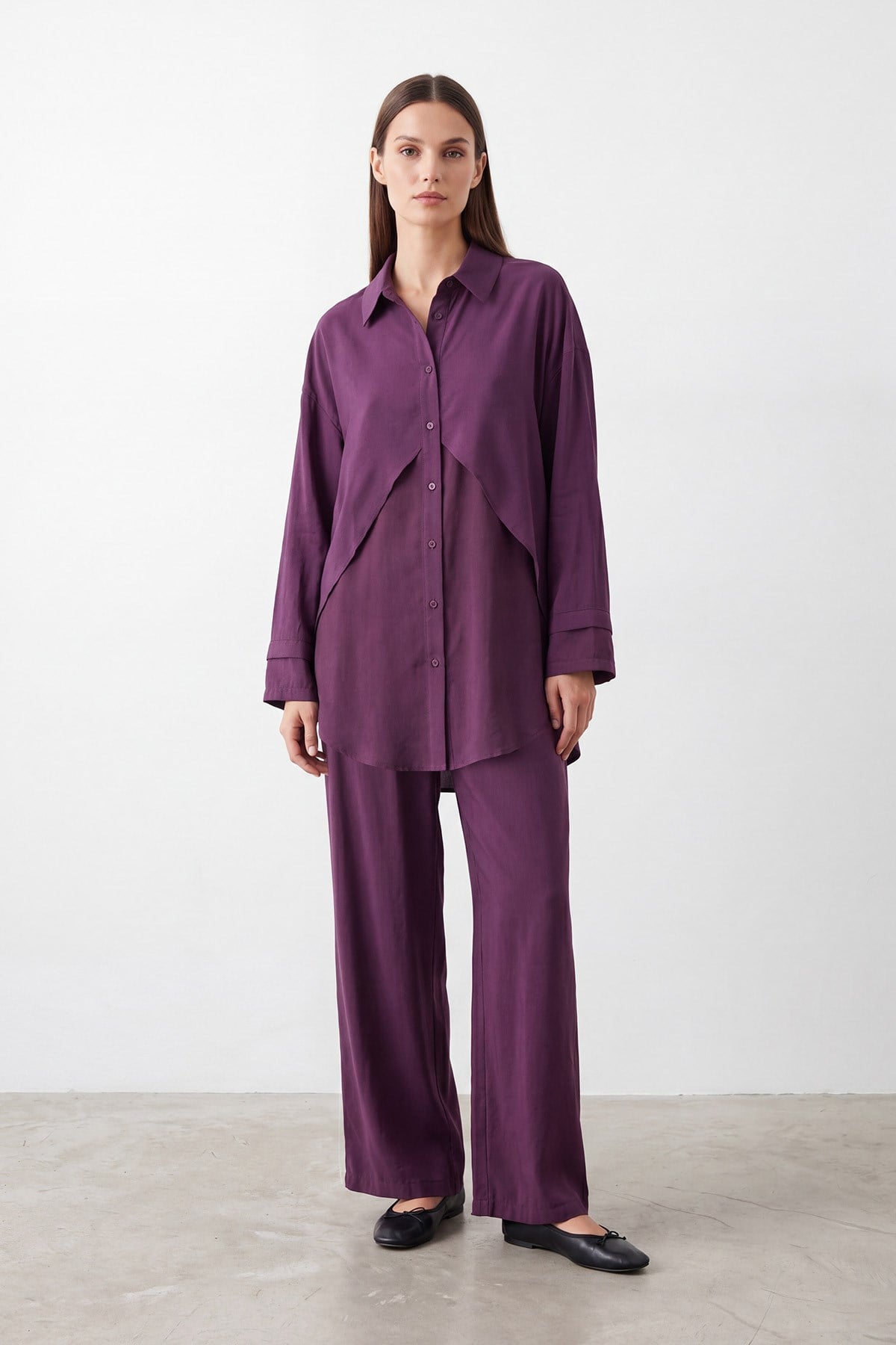 Kadın Asimetrik Kesim Gömlek Pantolon Takım – 26S-14471TKS - DAMSON