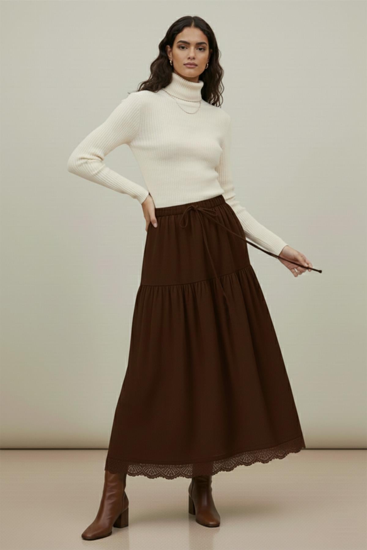 Kadın Etek Ucu Dantelli Beli Lastikli Uzun Etek-18292ETK - BROWN