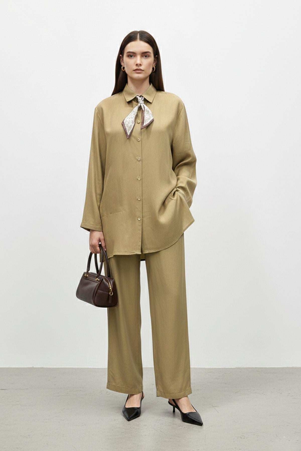 Kadın Şal Detaylı Düğmeli Rahat Kesim Takım – 14449TKS - OLIVE