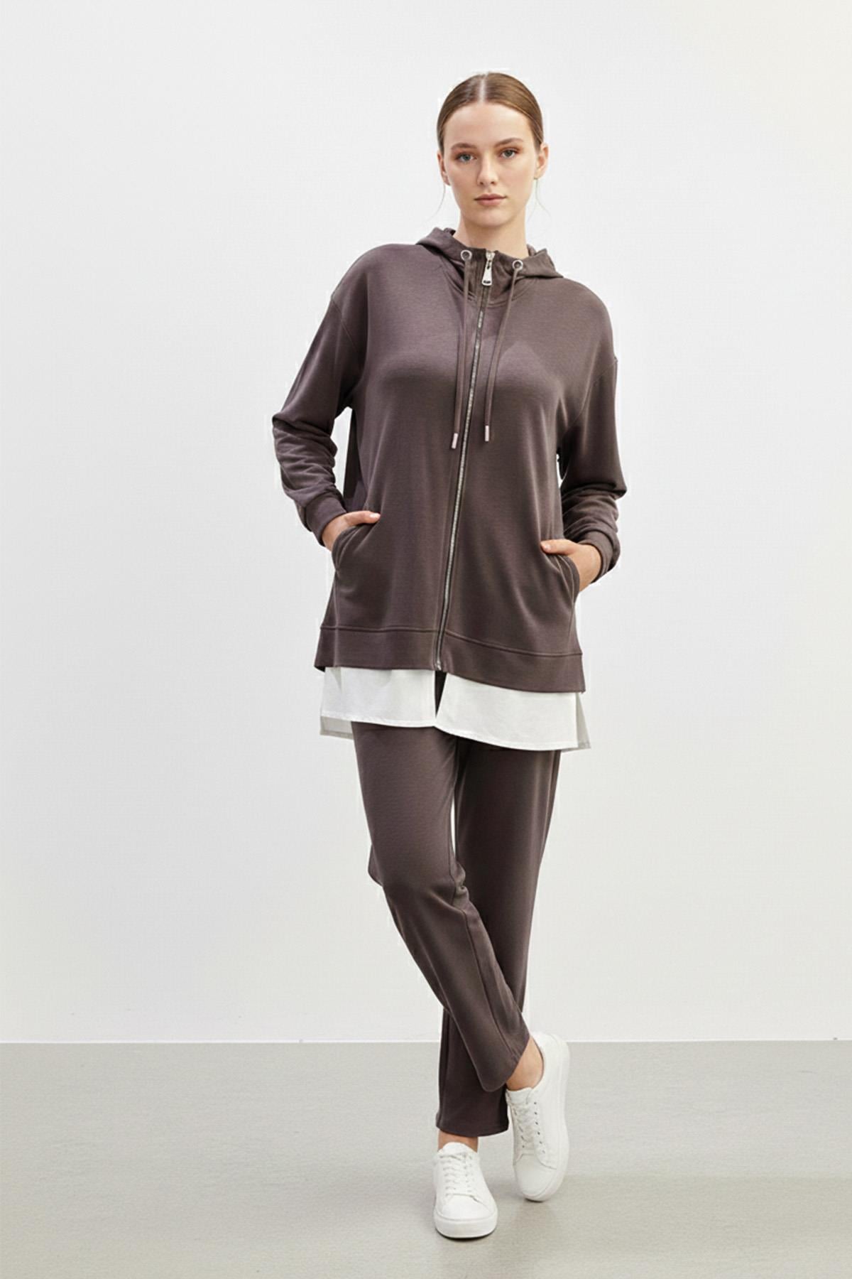 Kadın Kapüşonlu Fermuarlı Tunik Pantolon Takımı-14427 - BROWN