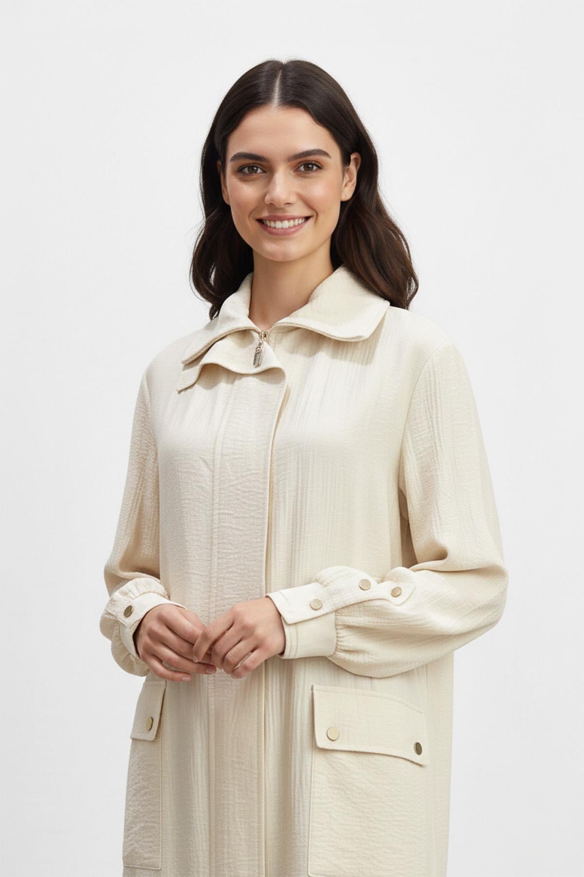 Biyeli Yaka Cepli Uzun Kap-15256 - BEIGE - Puanestore.com