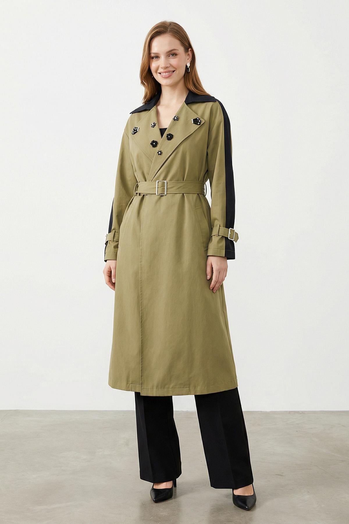 Kadın Renk Bloklu Tasarım Trençkot –15261TRC - KHAKI-BLACK
