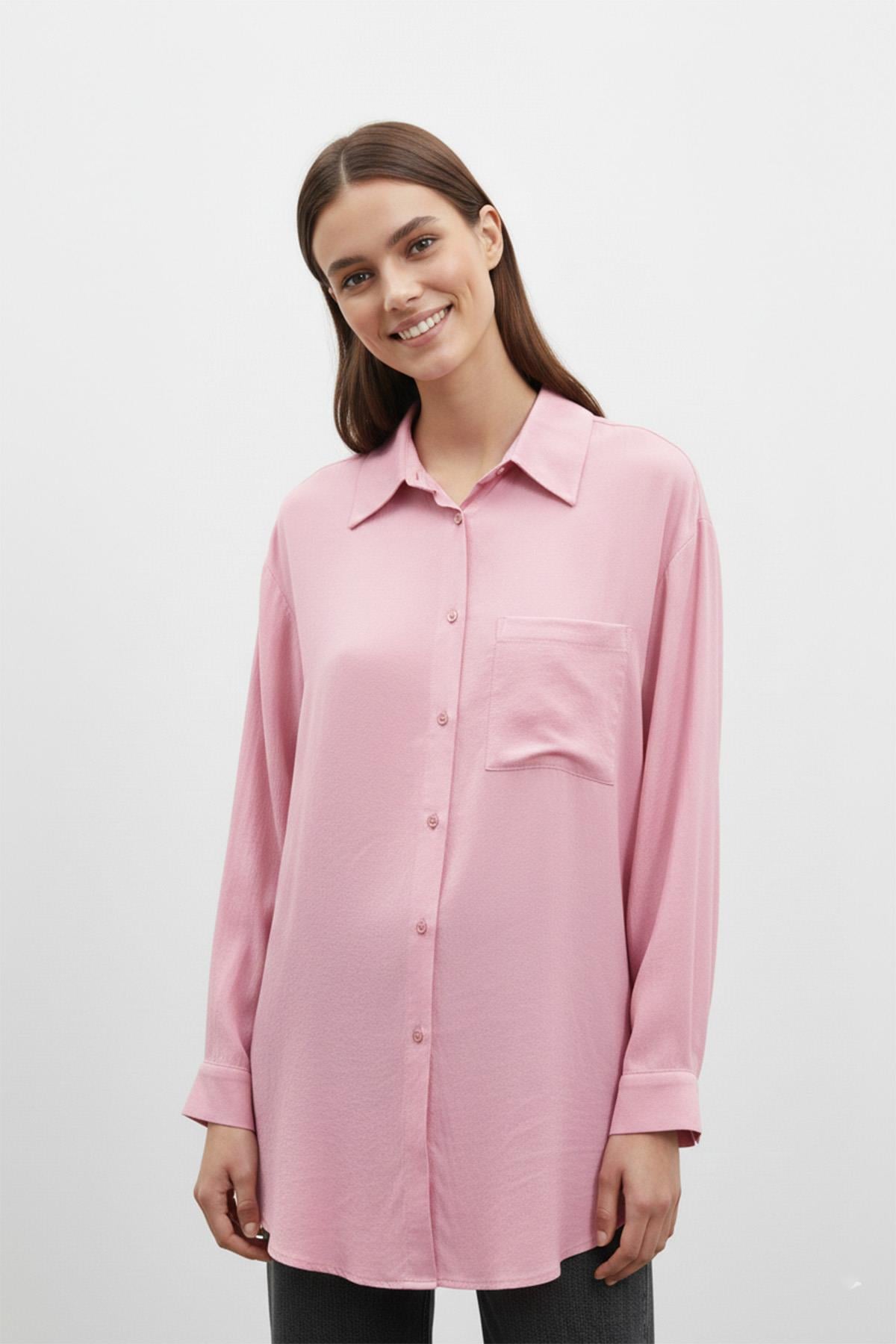 Kadın Cep Detaylı Basic Gömlek Tunik - 10677TUN - PINK