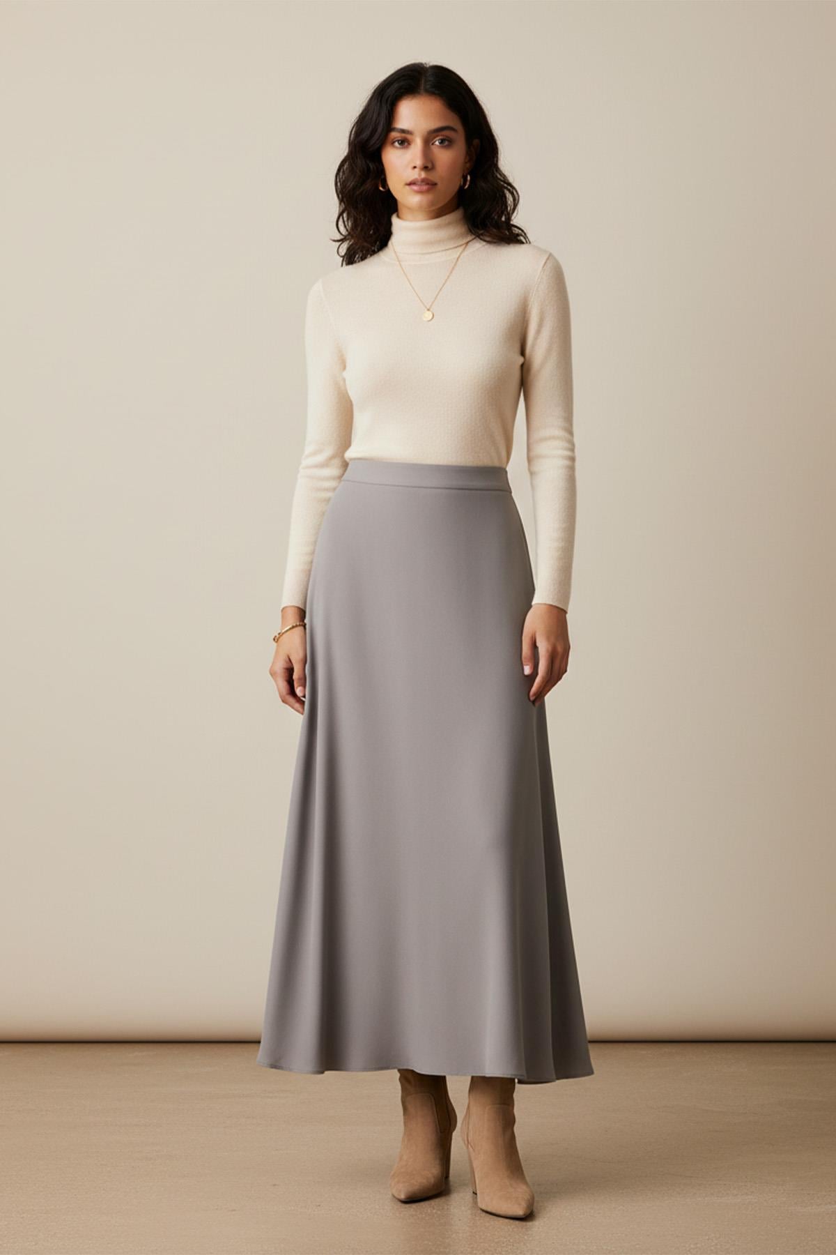 Kadın Yüksek Bel Uzun A Kesim Kumaş Etek -18291ETK - GREY