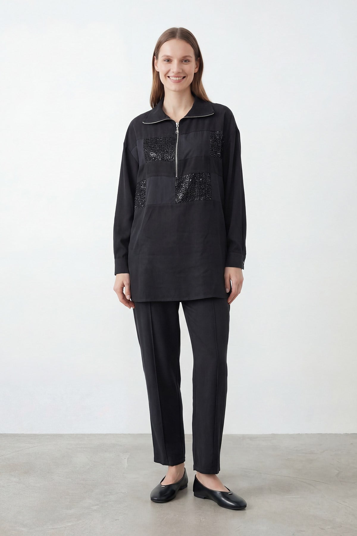 Kadın Pul Payet Detaylı Yarım Fermuarlı Tunik Pantolon Takım – 14461TKS - BLACK